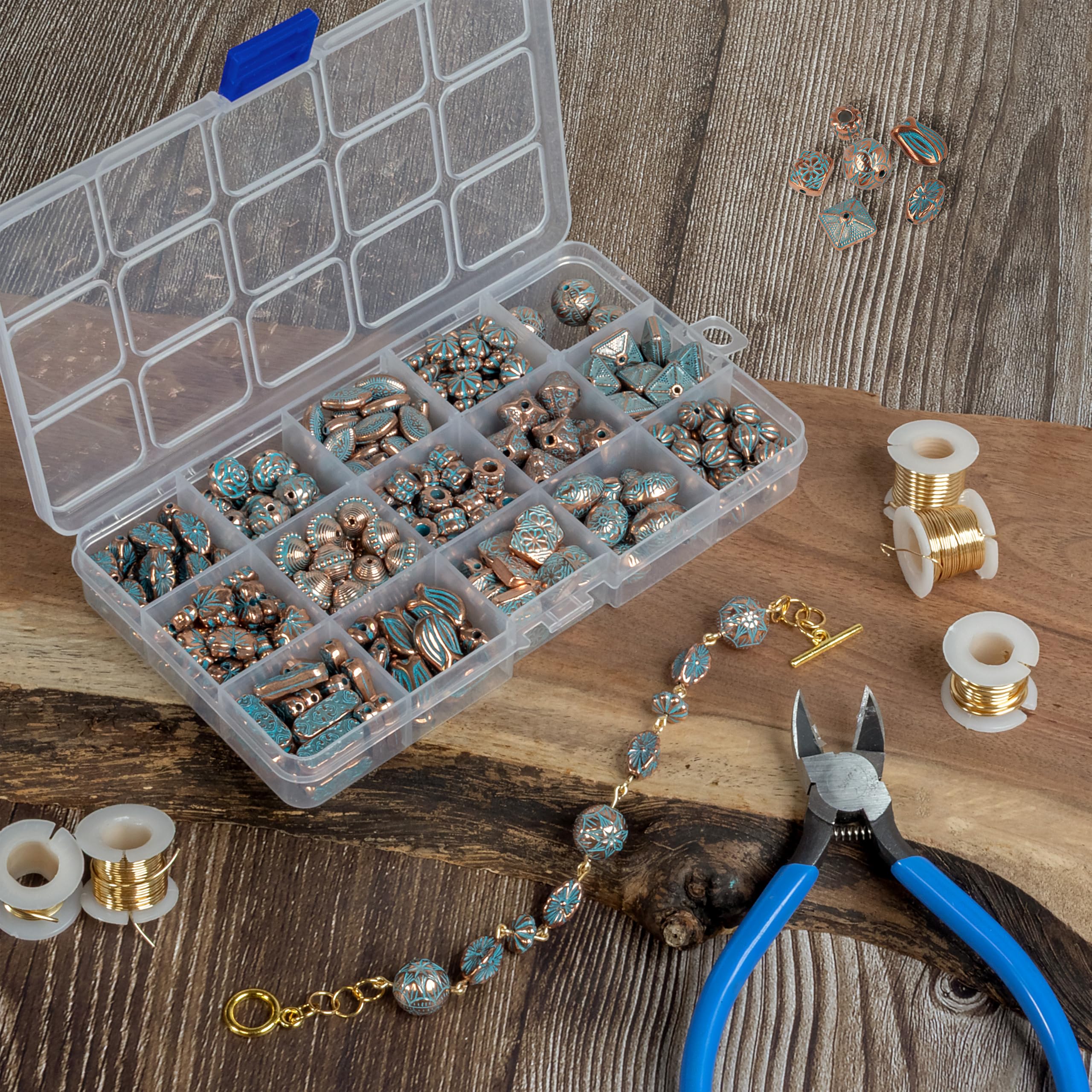 The Beadsmith Zestaw koralików akrylowych – koraliki mieszane w kolorze turkusowym i miedzianym, ok. 300 szt., 15 kształtów (5 – 19,3 mm), zestaw do tworzenia biżuterii i bransoletek