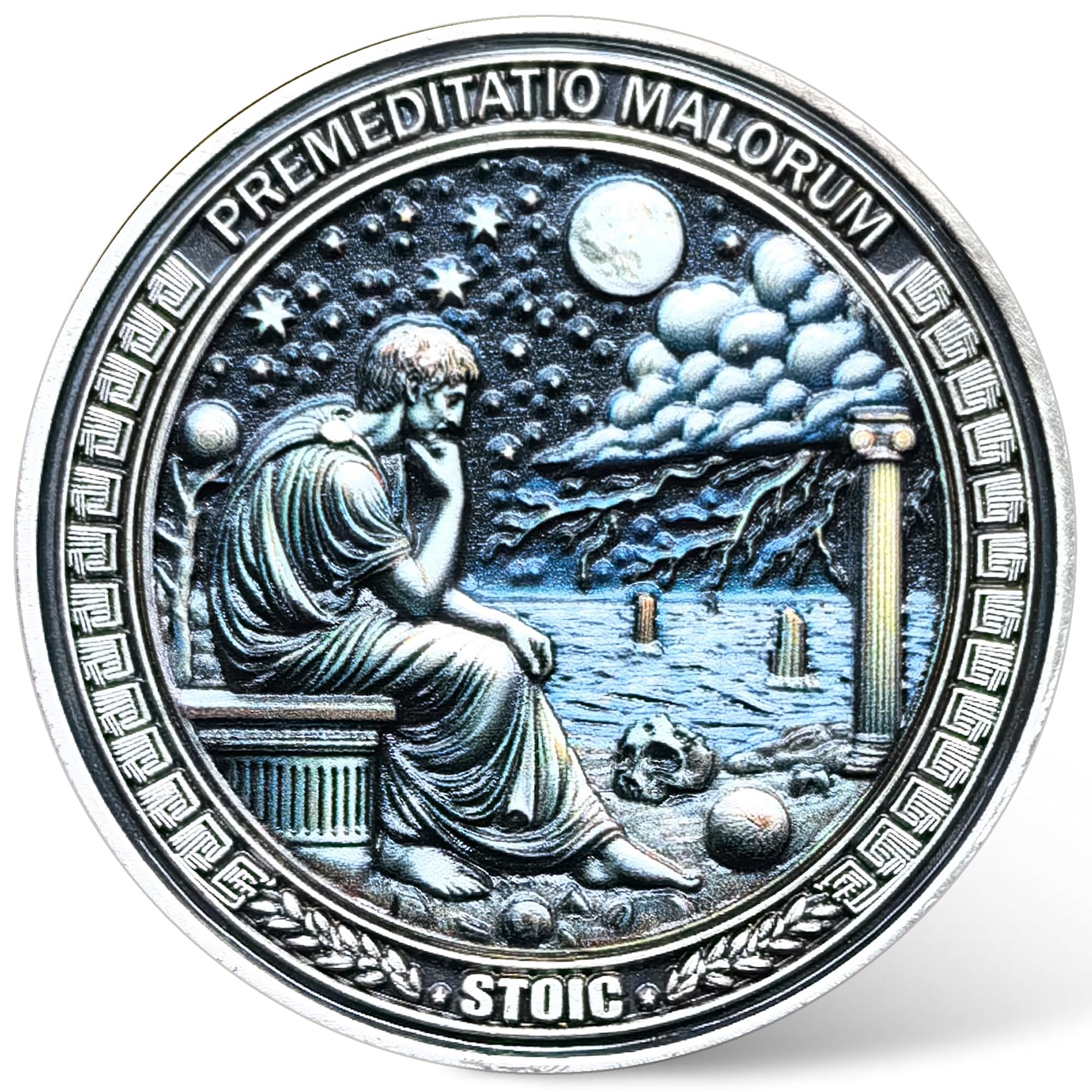 Stoic Challenge Coin – Premeditatio Malorum Design with Seneca Quote – Motivational Coin for Philosophy Enthusiasts and Collectors