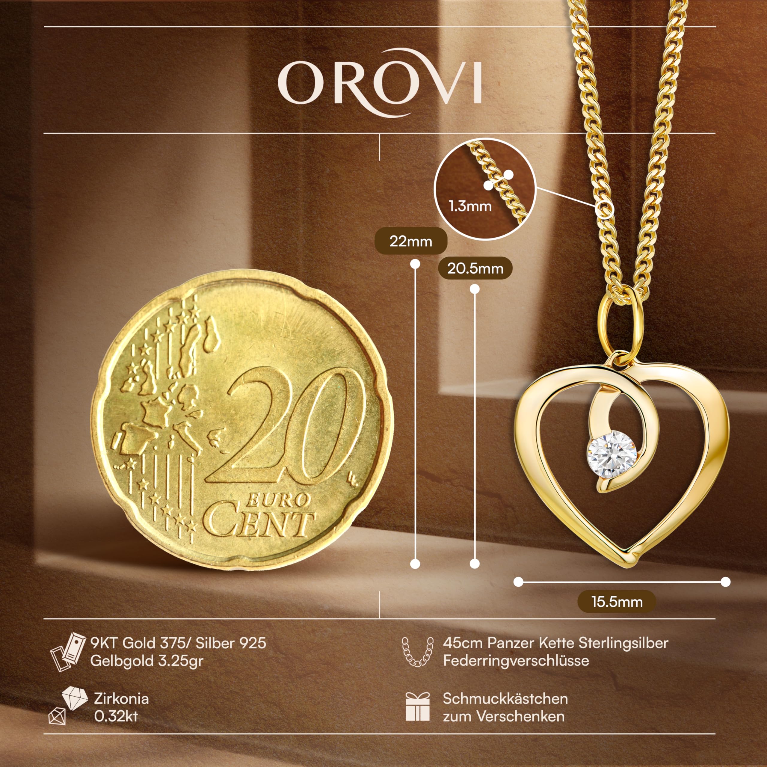 OROVI Damen Goldschmuck Herzförmiger Anhänger aus 9 Karat (375) Weißgold/Gelbgold mit Zirkonia Brillantschliff Herzanhänger inklusive kostenloser Silberkette (45 cm)