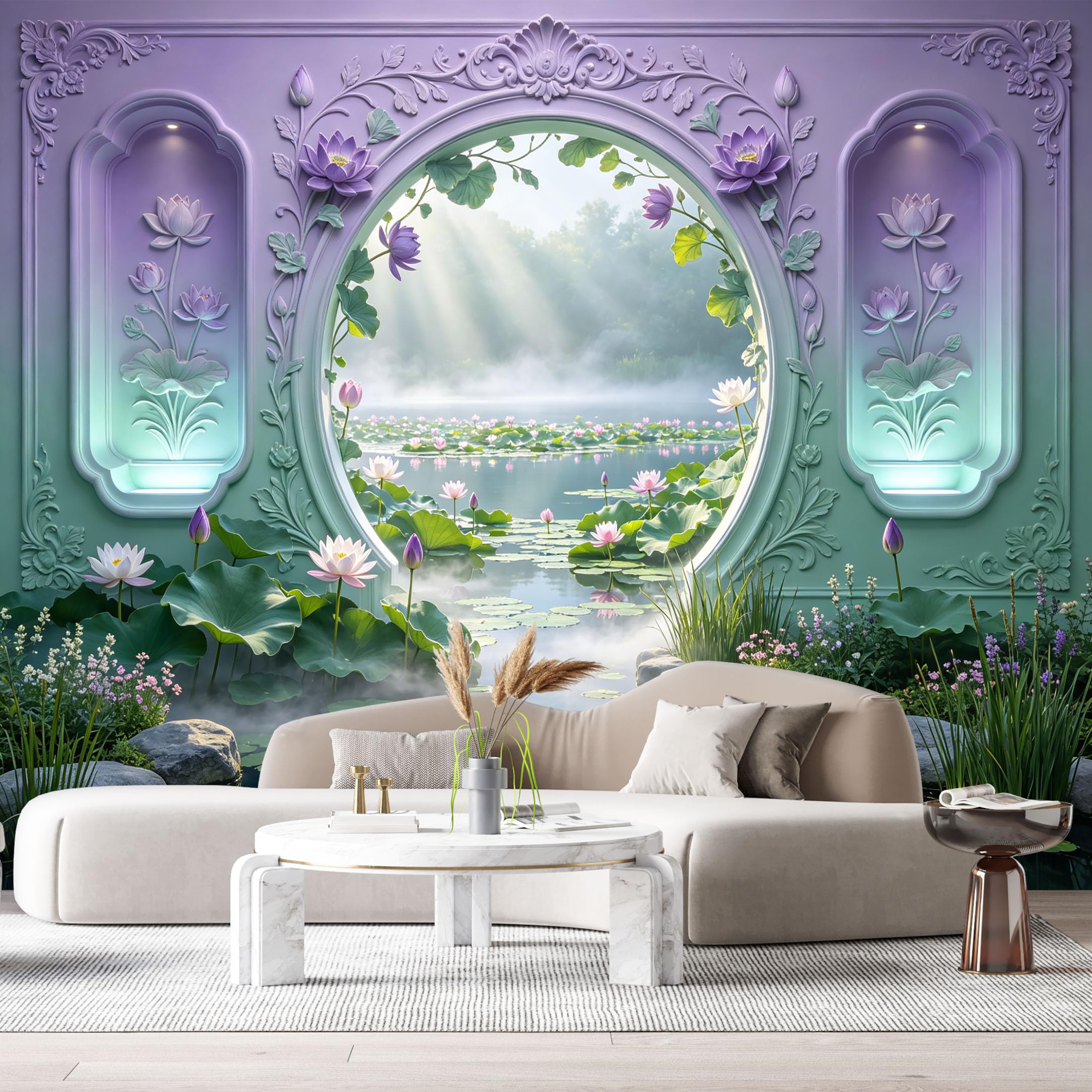 Custom Size Wall Murals Lotus Pond Landscape Neoclassical 3D Trompe L'Oeil SelfAdhesiveWall Fabric Removable Wallpaper Wall Decor for Living Room Bedroom Bathroom