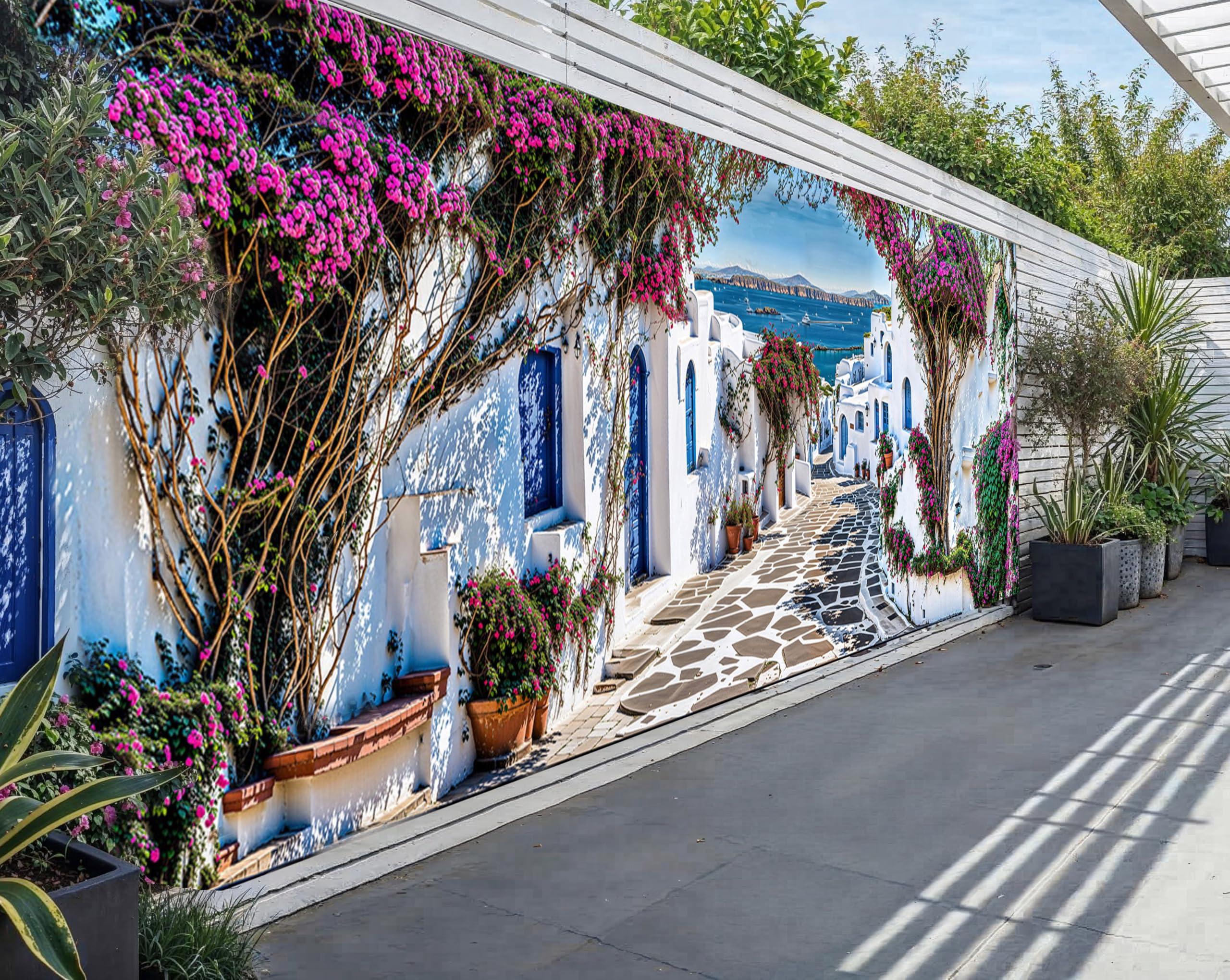 Santorini Greece Garden Mural, Mediterranean Wall Art, Waterproof Mural Outdoor Wall Hanging, Garden Curtain & Outdoor Tapestry for Fence Decoration and Patio Wall Decor (W600cm x H180cm)