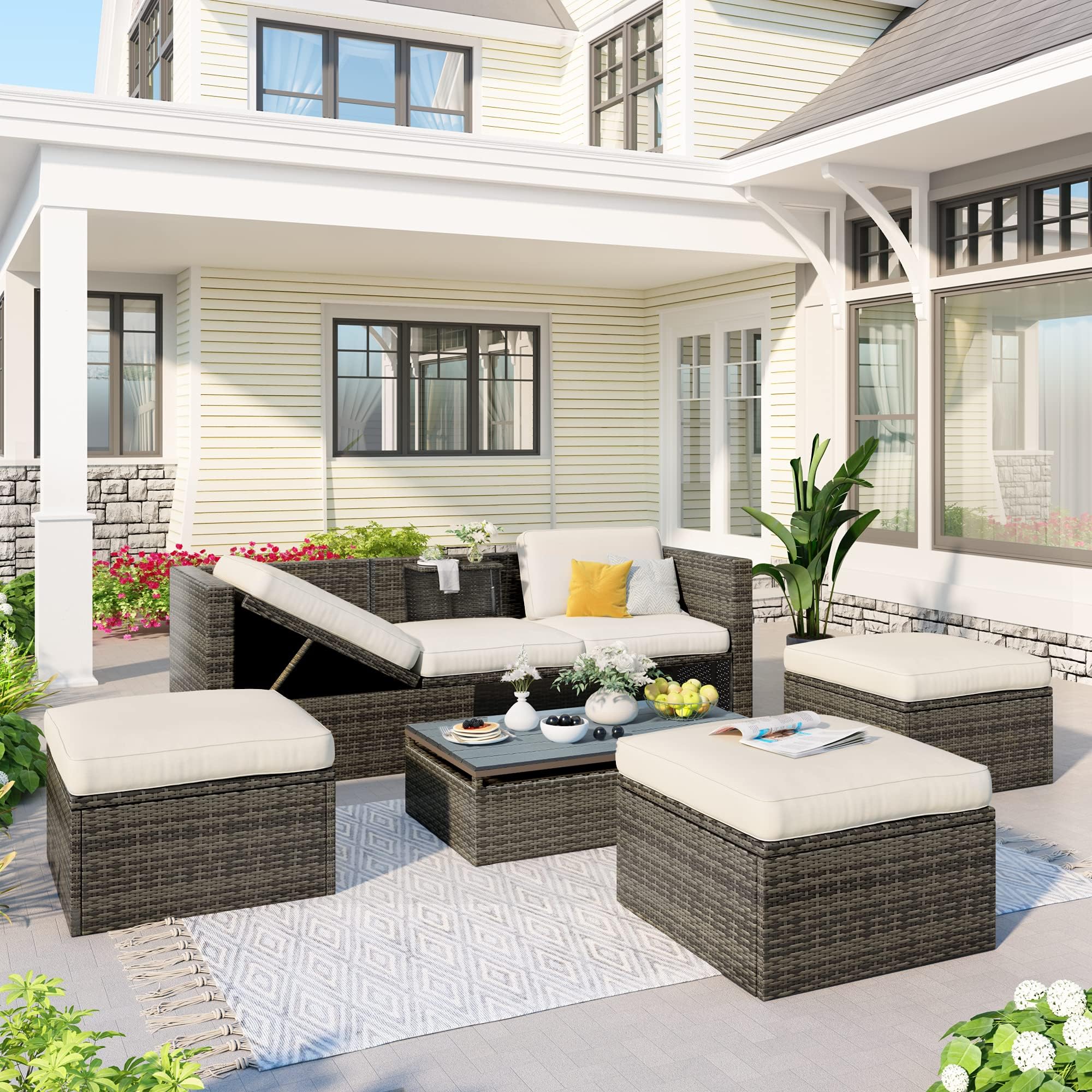 Amazon.com: BIADNBZ 5-Piece Patio Furniture Set Wicker Outdoor Sofa ...