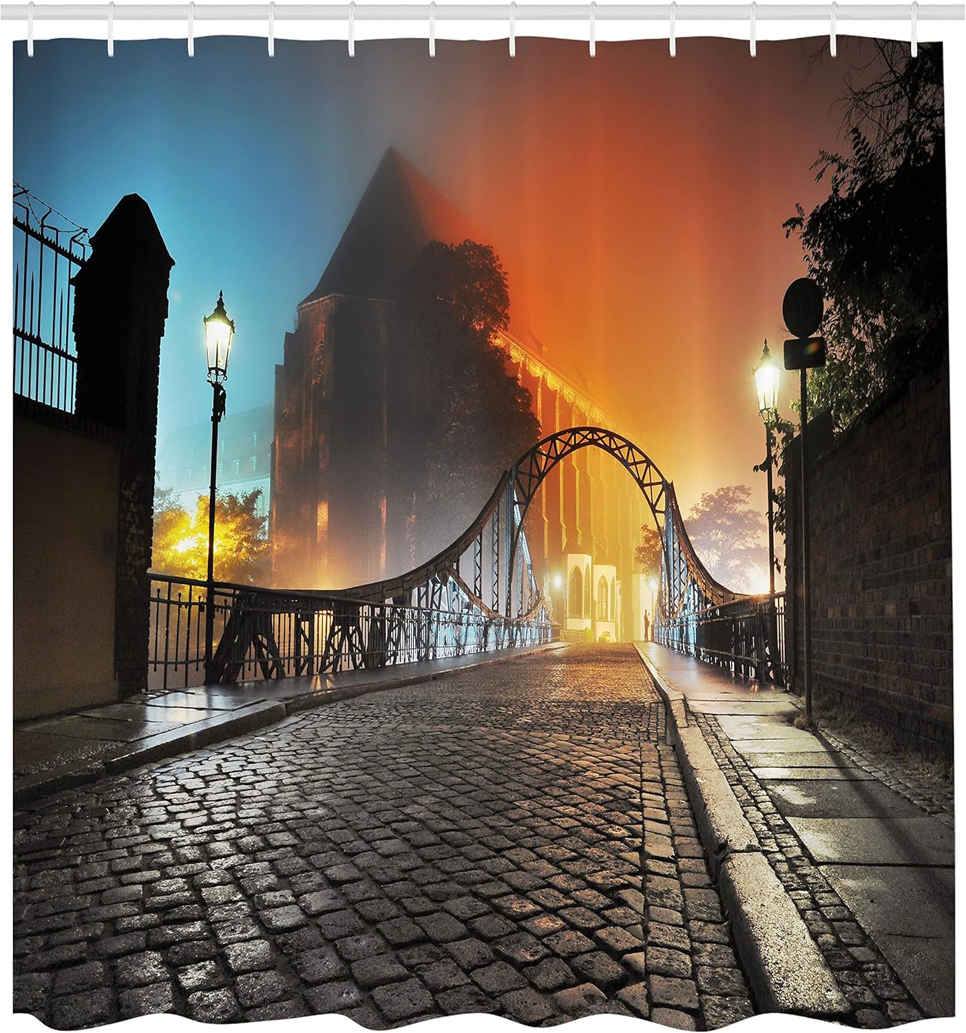 Ambesonne Landscape Shower Curtain, Modern City Bridge at Night with Sightseeing Urban Theme Landscape, Cloth Fabric Bathroom Decor Set with Hooks, 69" W x 70" L, Grey Orange