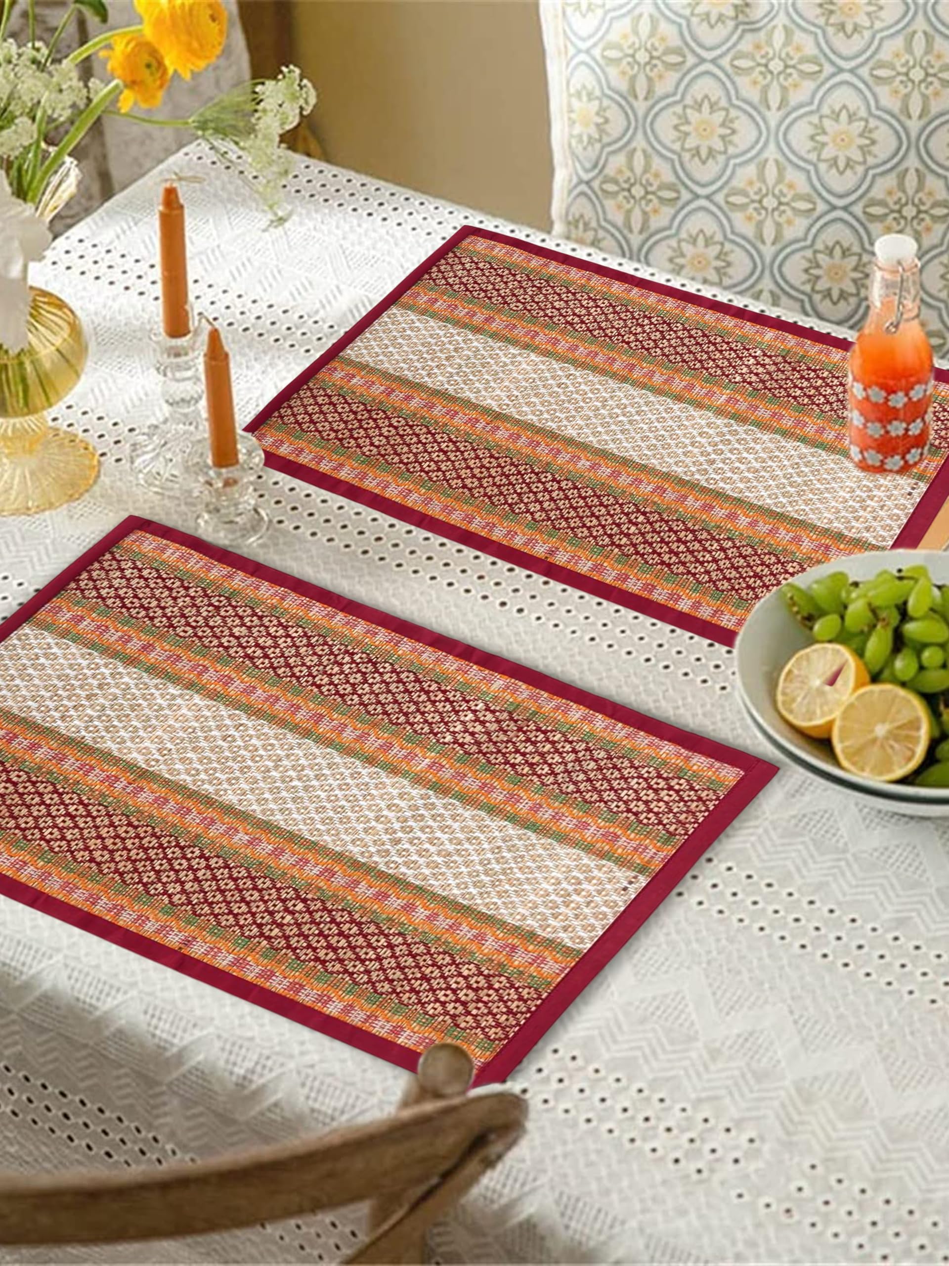 Table Mats Set of 2 Handmade Reversible Heat Resistant | River Grass Dining Placemats Zero Plastic | Natural Madurkathi Eco Friendly | Rustic Boho Dcor | Sangreal Maroon Two Mats-image-32