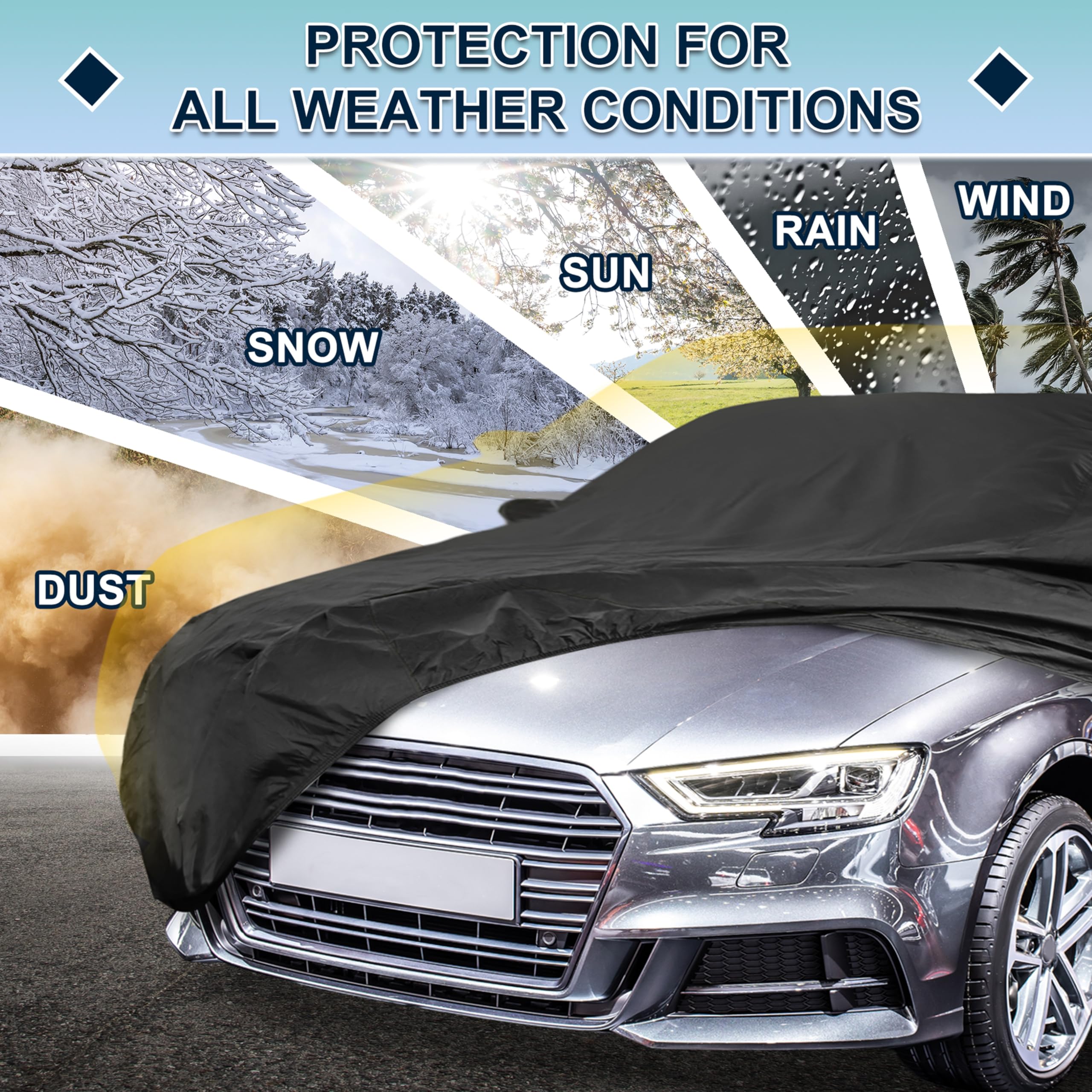 ATOCOVER Black Heavy Duty Waterproof Car Cover for Sedan 179-185 - All-Weather UV Protected Outdoor Full Exterior Cover — view 5