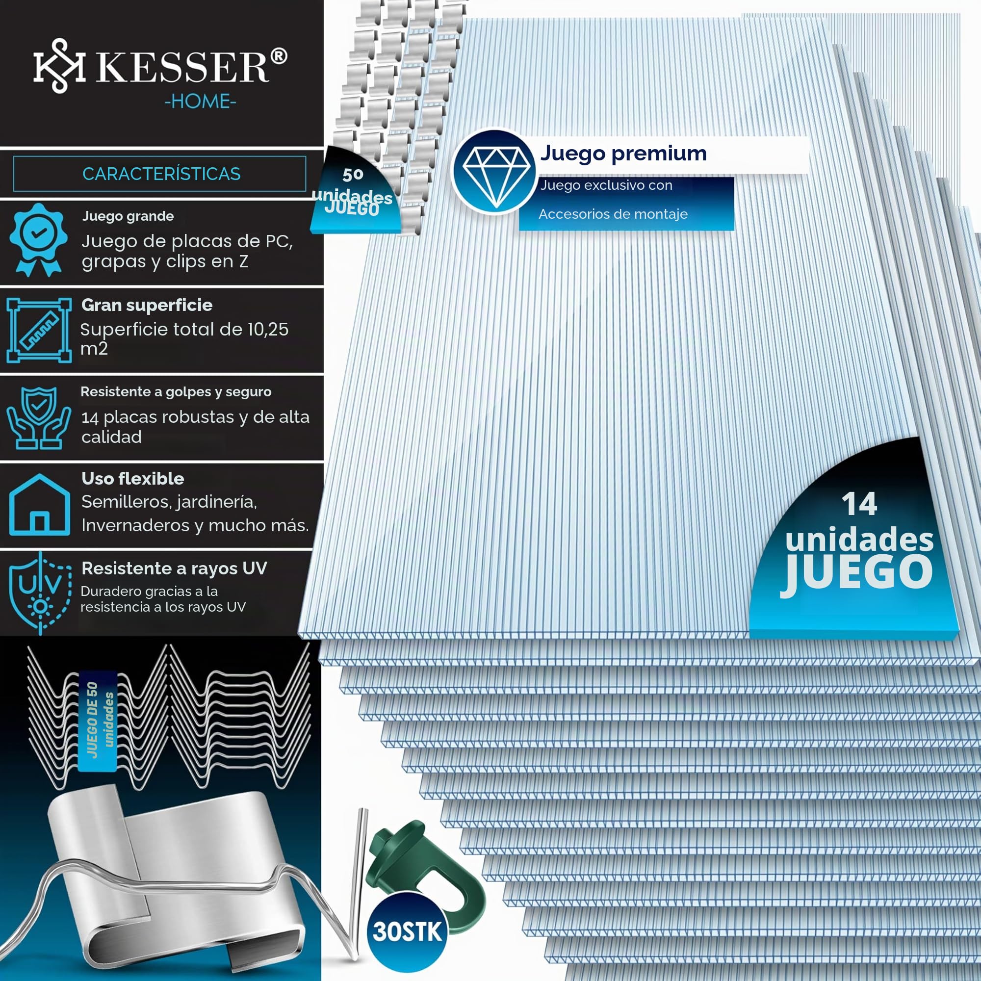 KESSER® 14x Placas de Policarbonato Alveolar de 4mm 10,25m² Placa de Doble Pared 121x60,5cm | 50x Abrazaderas + 50x Clips en Z-Placa de Policarbonato para Invernadero UV-Resistente Transparente