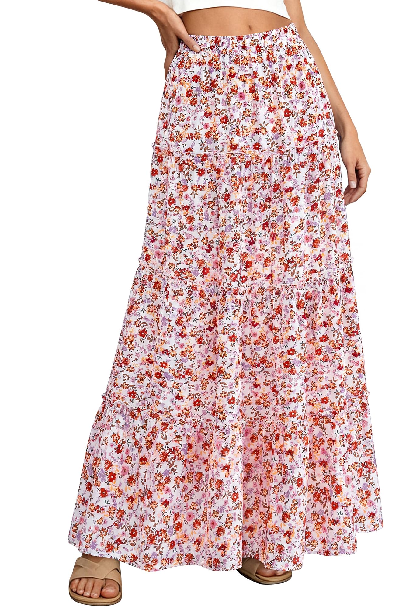 BTFBM Floral Maxi Skirts for Women Summer Spring 2026 Elastic Waist Tiered Flowy Beach Vacation Boho Midi Long
