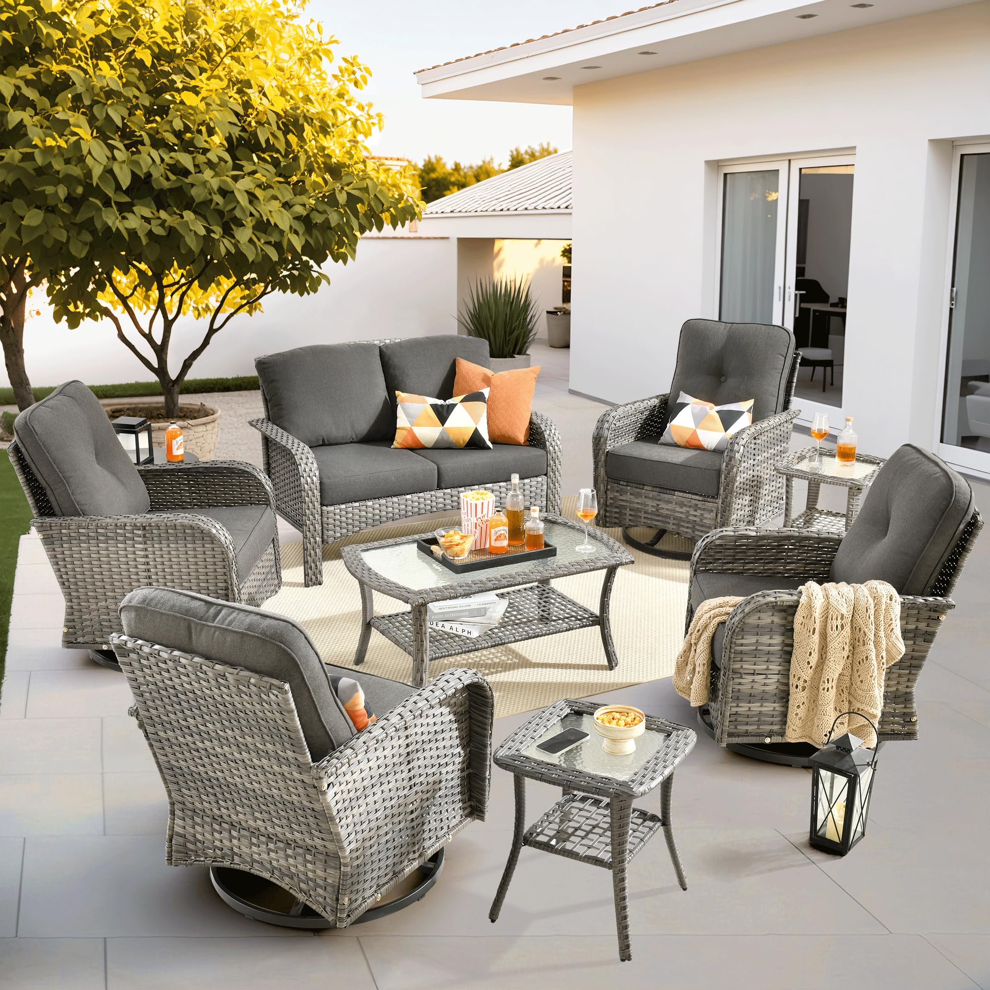 ovios 8 Pieces Patio Furniture Set, Outdoor Wicker Sofa with Swivel Chairs, Coffee Table, All Weather High Back Rattan Loveseat Couch with Comfy Cushions, Black