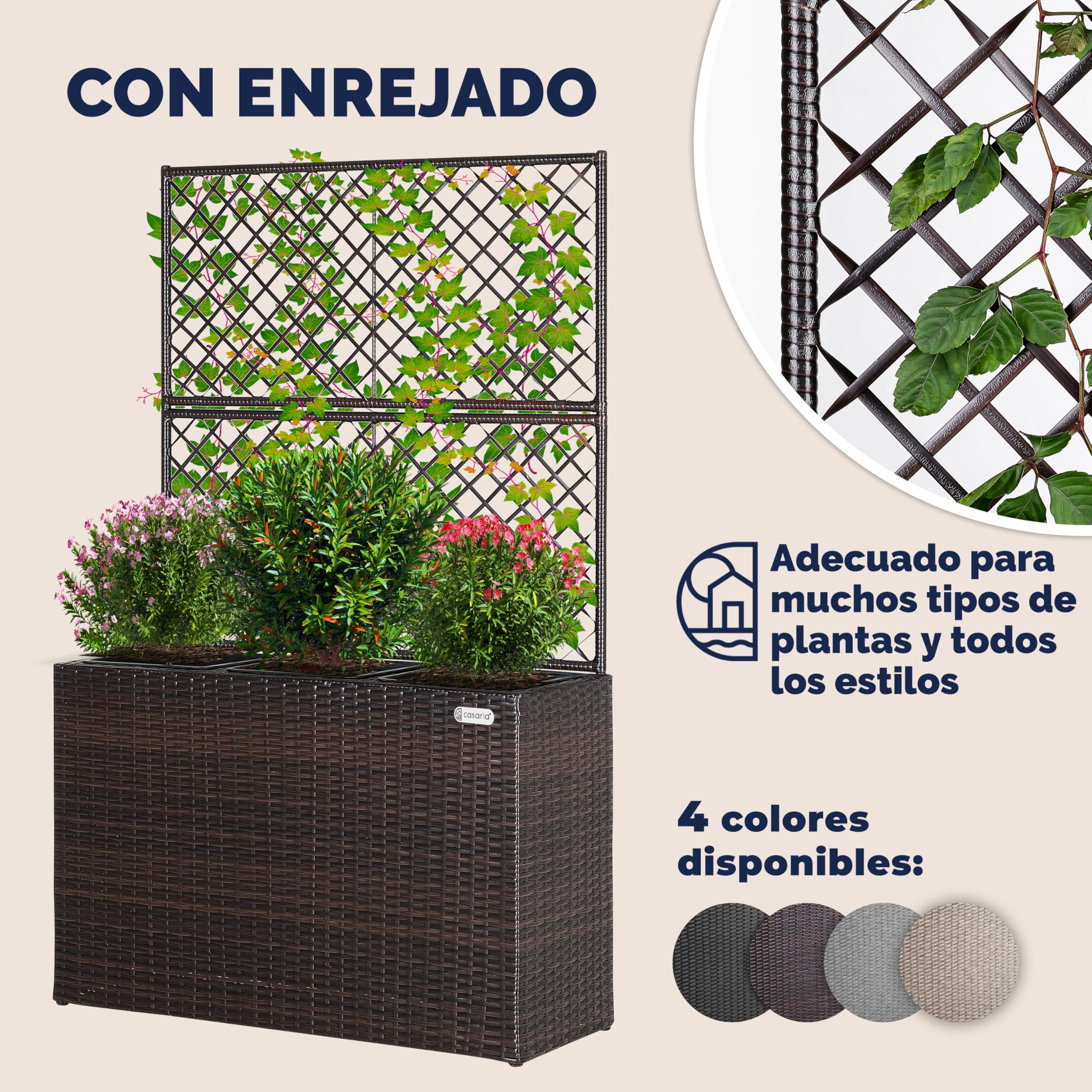 CASARIA® Macetero Exterior con 3 Macetas Internas Extraíbles con Drenaje de Agua Jardinera Poliratán con Enrejado 146x83x30,5cm Marrón
