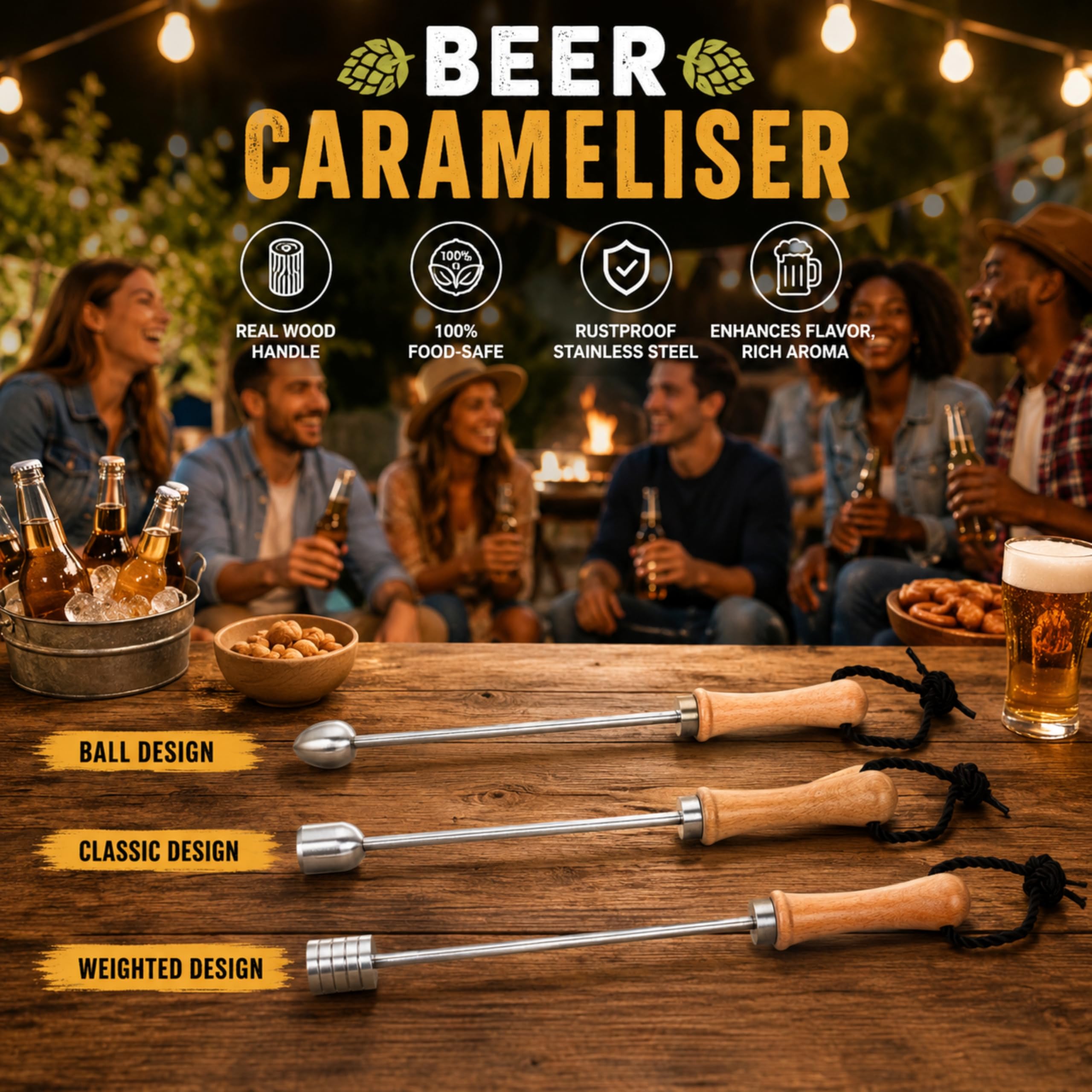 Bierstache Beerspike Beer Caranelizer Beer Caramelizer Podgrzewacz do piwa Rękojeść z prawdziwego drewna, kulka 100% spożywcza i ze stali nierdzewnej general oval shape)