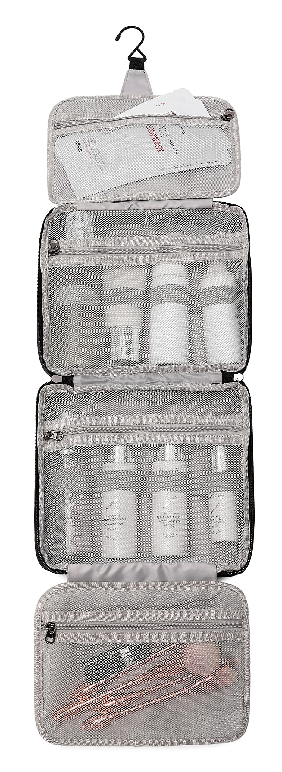 Imyth Reise-Kulturbeutel für Damen, Segeltuch, zum Aufhängen, Make-up-Organizer mit 4 Fächern und 1 stabilen Haken, große Kapazität, Kosmetiktasche für Toilettenartikel in voller Größe, Schwarz