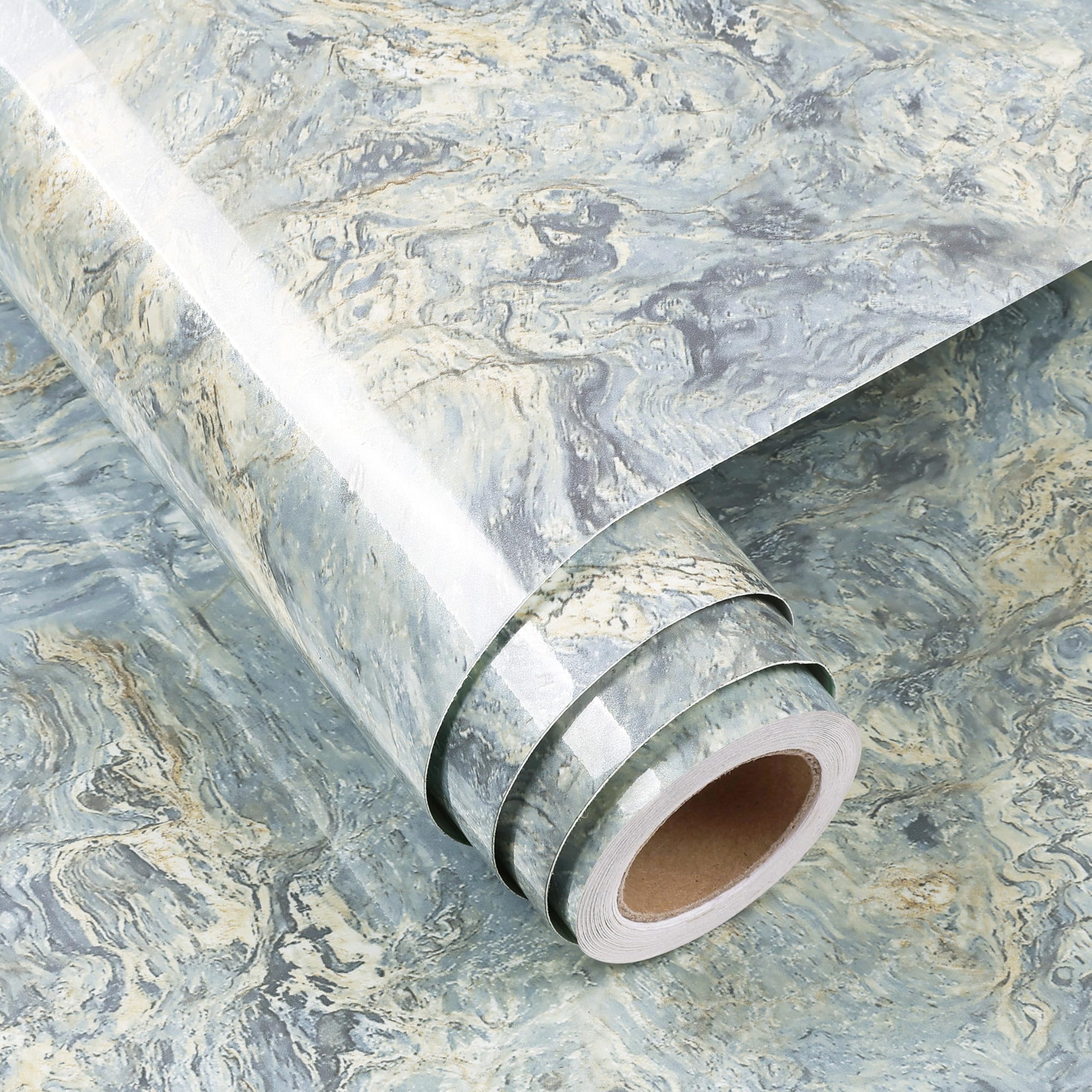FunStick 60CMx5M Marble Self Adhesive Wallpaper Cream Blue Sticky Back Plastic for Kitchen Worktop Table Top Waterproof Wallpaper Cream Blue Liquid Marble Vinyl Wrap for Furniture Kitchen Worktop