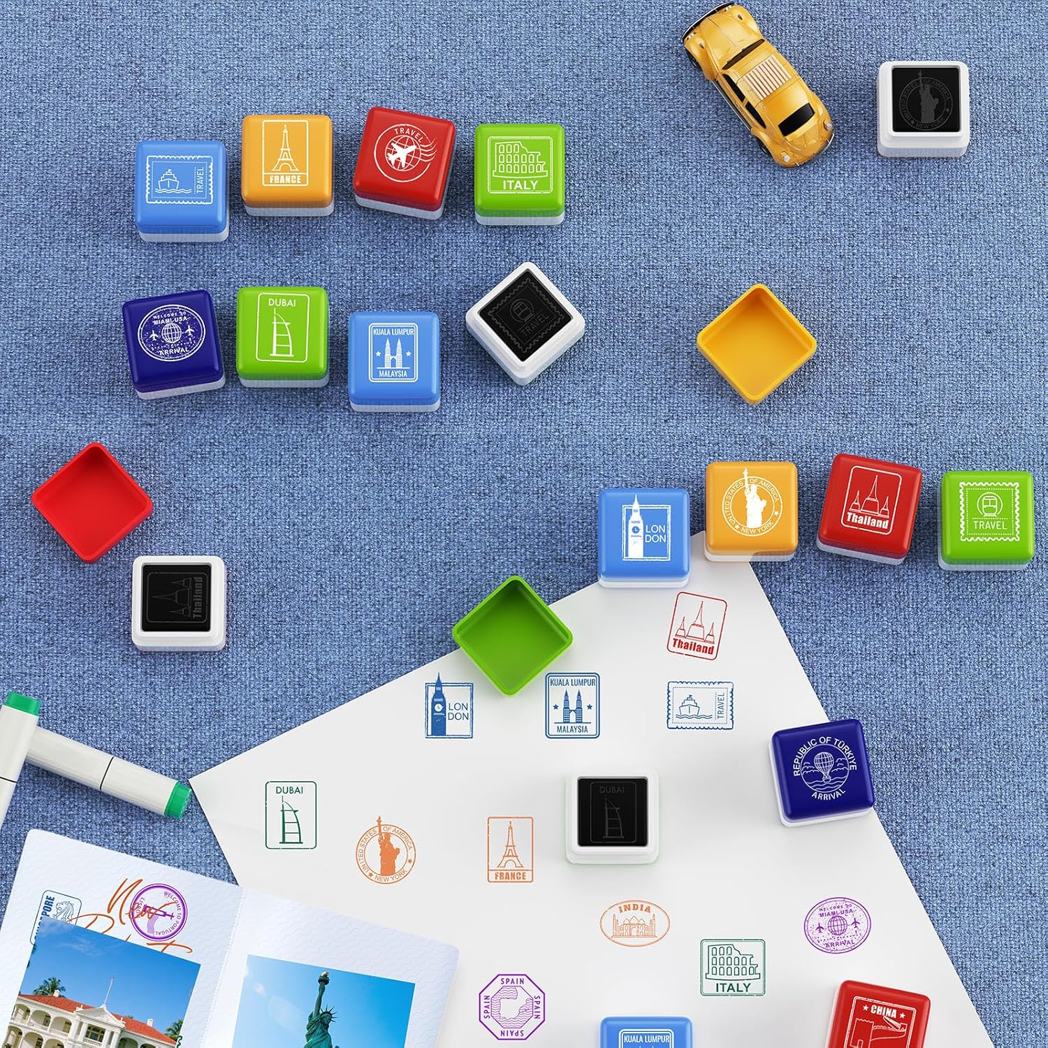 28 Pcs Passport Stamps for Kids with Storage Box – City and Country Rubber Stamp Set for Learning, Travel Theme, Arts and Crafts, Scrapbooking, Classroom Activities