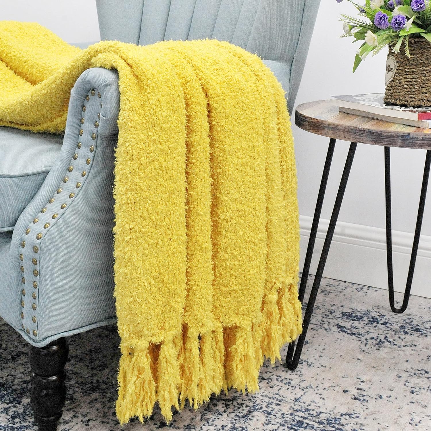 Fluffy Throw Blankets Couch Cover Throw with Fringe Tassels, Plush Fuzzy Furry Soft Cozy Lightweight Throw for Couch Sofa Bed Chair Home Decor, 50" x 60", Sunshine Yellow