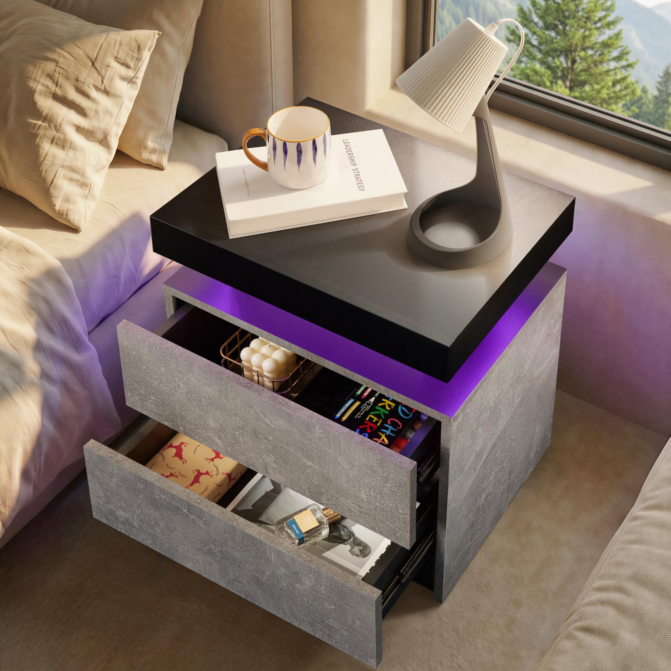 Cubehom LED Nachttisch Nachtschrank mit Led Licht, Modern Nachtkommode mit 2 Schubladen für Wohnzimmer, Schlafzimmer (Grauschwarz, 2)