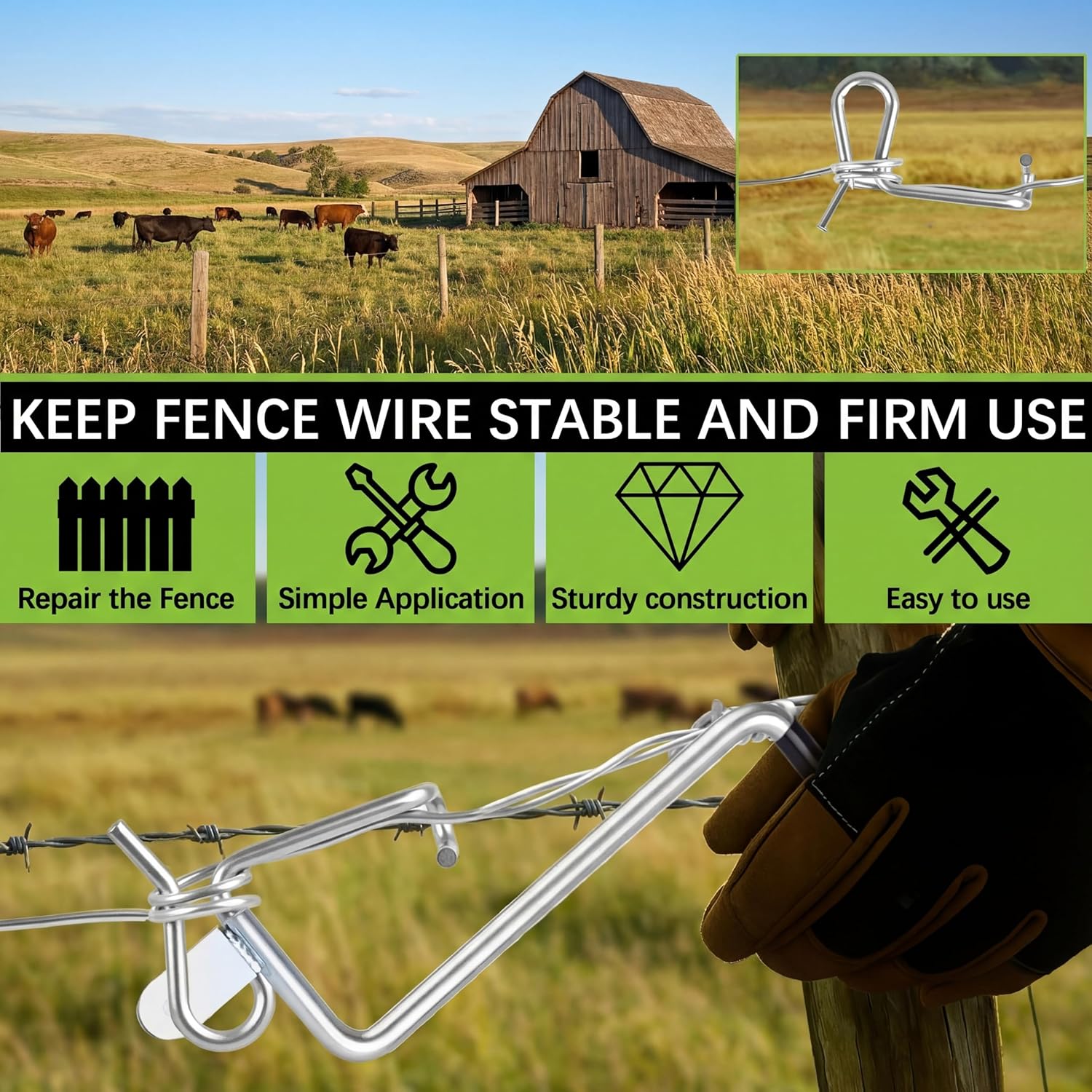 30 Pack 6mm Fence Wire Tighteners with 1 Tightener Tool Combo, 1/4" Barb Wire Tightener Clips Fence Tools Wire Tensioner for Fast Tightening Metal Fence Post Farm Garden Fenc（Tighteners Handle）