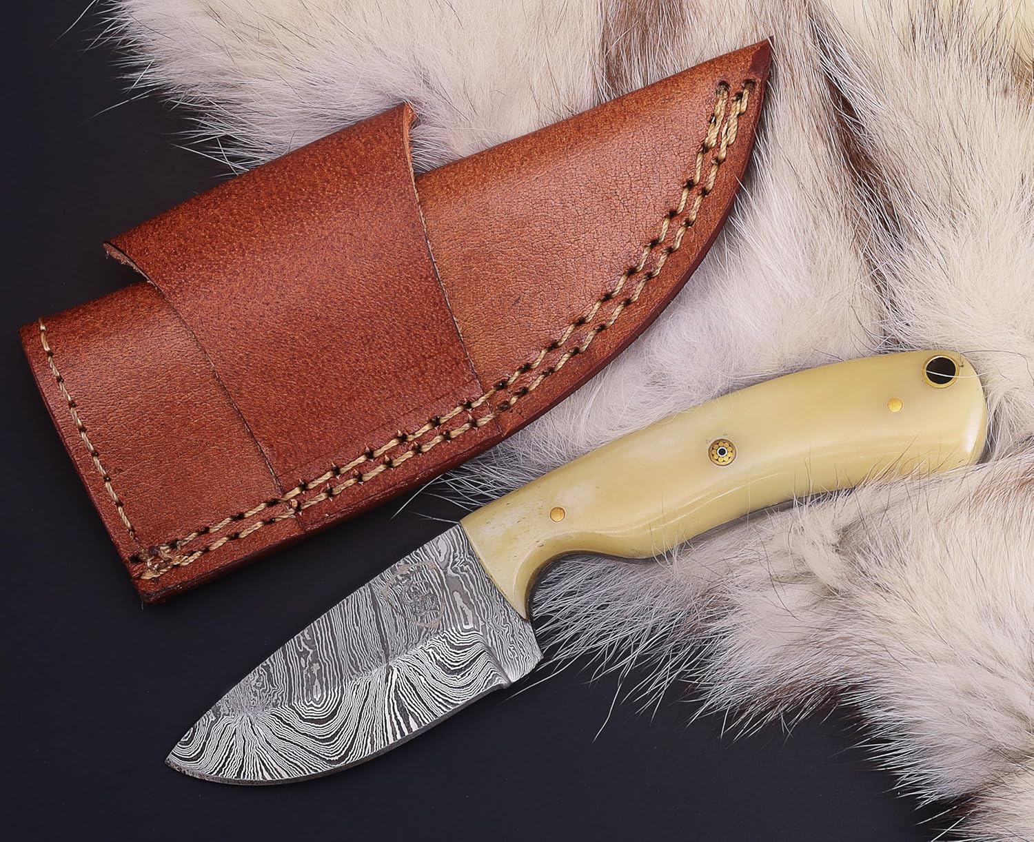 Damascus Stainless Steel Hunting Knife with Leather Sheath - 6.25" Full Tang Fixed Blade Hunting Knife with Sheath for Men – Tactical Survival & Camping Knife for Outdoor Adventure