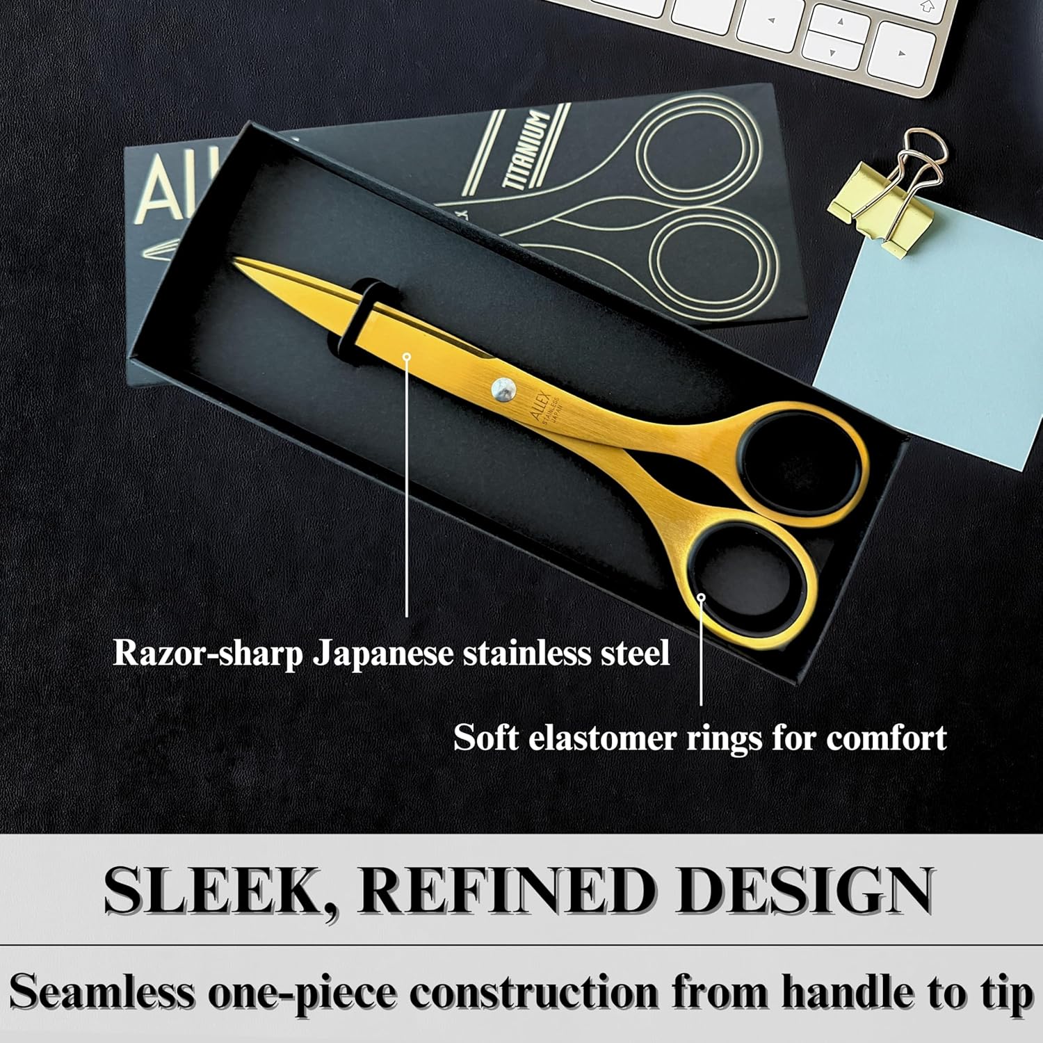 ALLEX Premium Office Scissors with Titanium-Coated Blades 6.5" - All-Purpose Scissors for Desk, Home, and School Use, All-Metal Japanese Stainless Steel Design - Gold - Made in Japan