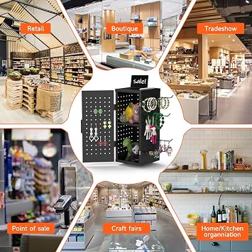 Alyoen Rotating Pegboard Display Stand With 24 Hooks - Metal Spinning Peg Board Organizer Accessories with Magnetic Door Design, Magnet Display Stand for Keychain, Jewelry, Earring(Black)