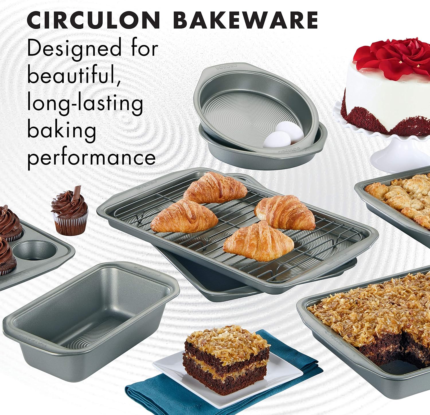 Circulon Nonstick Bakeware Set with Nonstick Bread Pan, Cookie Sheet, Baking Pans, Baking Sheet, Cake Pans and Muffin/Cupcake Pan - 10 Piece, Gray,47485