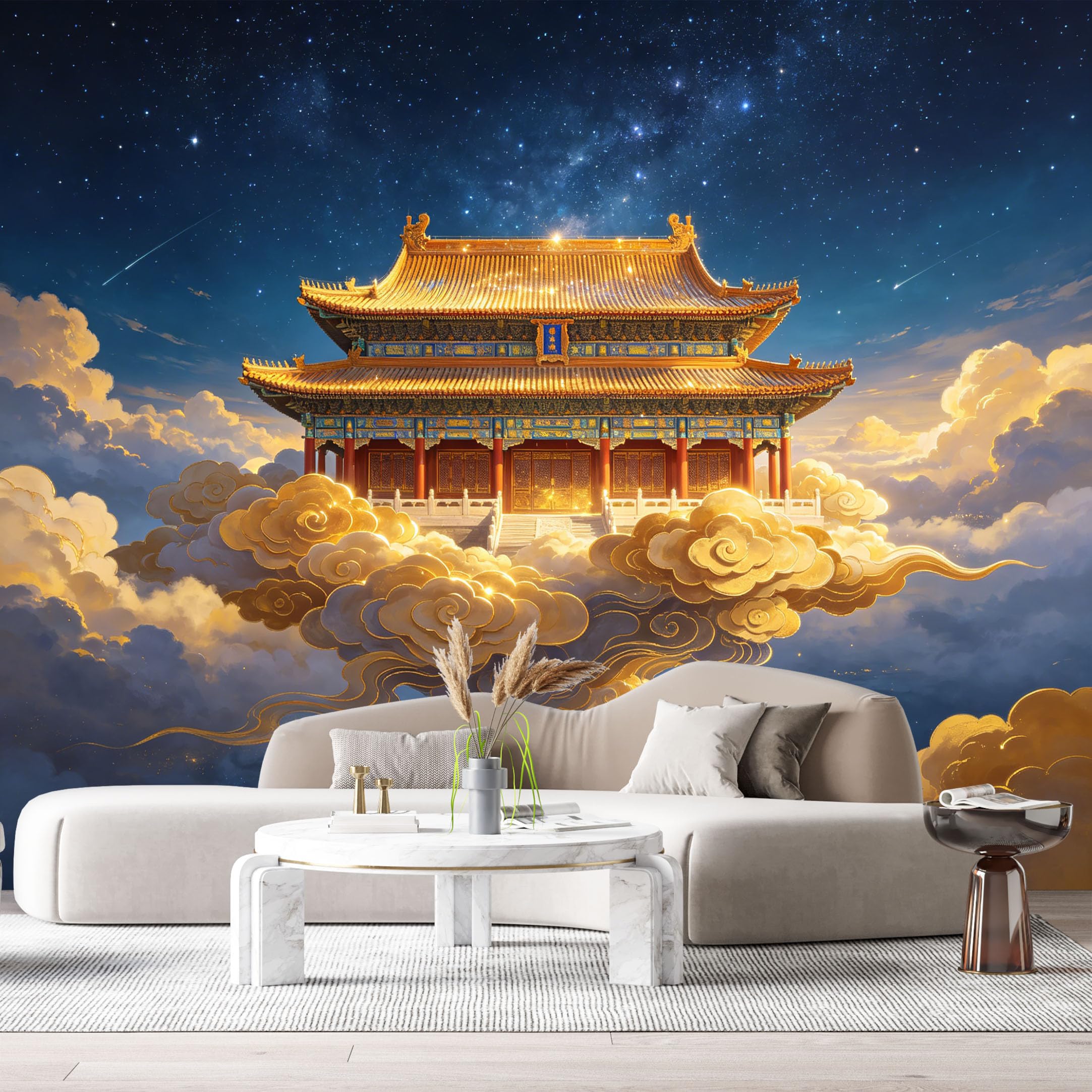 Custom Size Wall Murals Traditional Oriental Palace Architecture Night Sky Clouds Starry Galaxy 3D SelfAdhesive Wall Fabric Removable Large Wallpaper Photo for Living Room