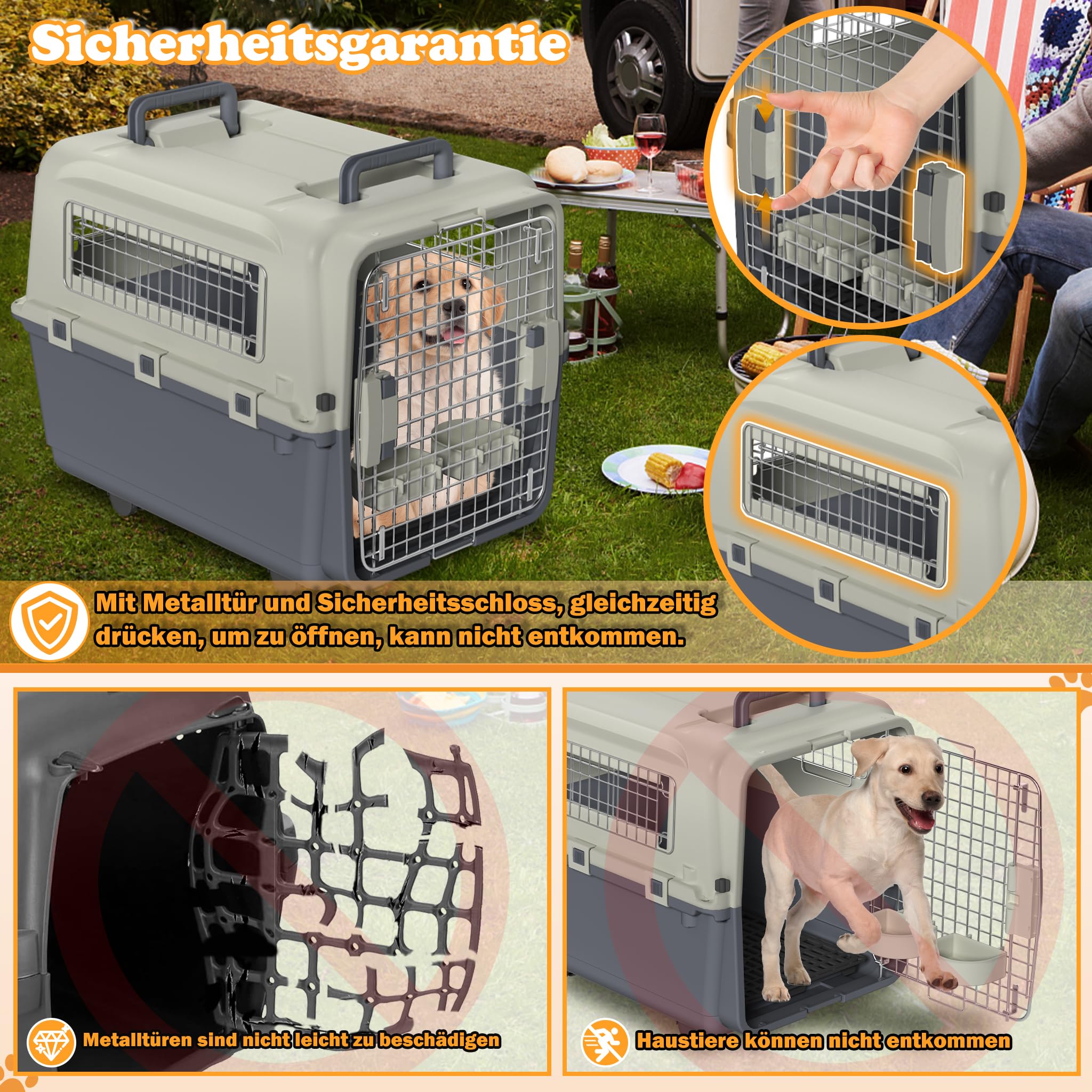 Trasportino per cani con ruote di trasporto, trasportino per gatti, in plastica, con porta di ventilazione, grande trasportino per cani (67 x 51 x 58,5 cm)