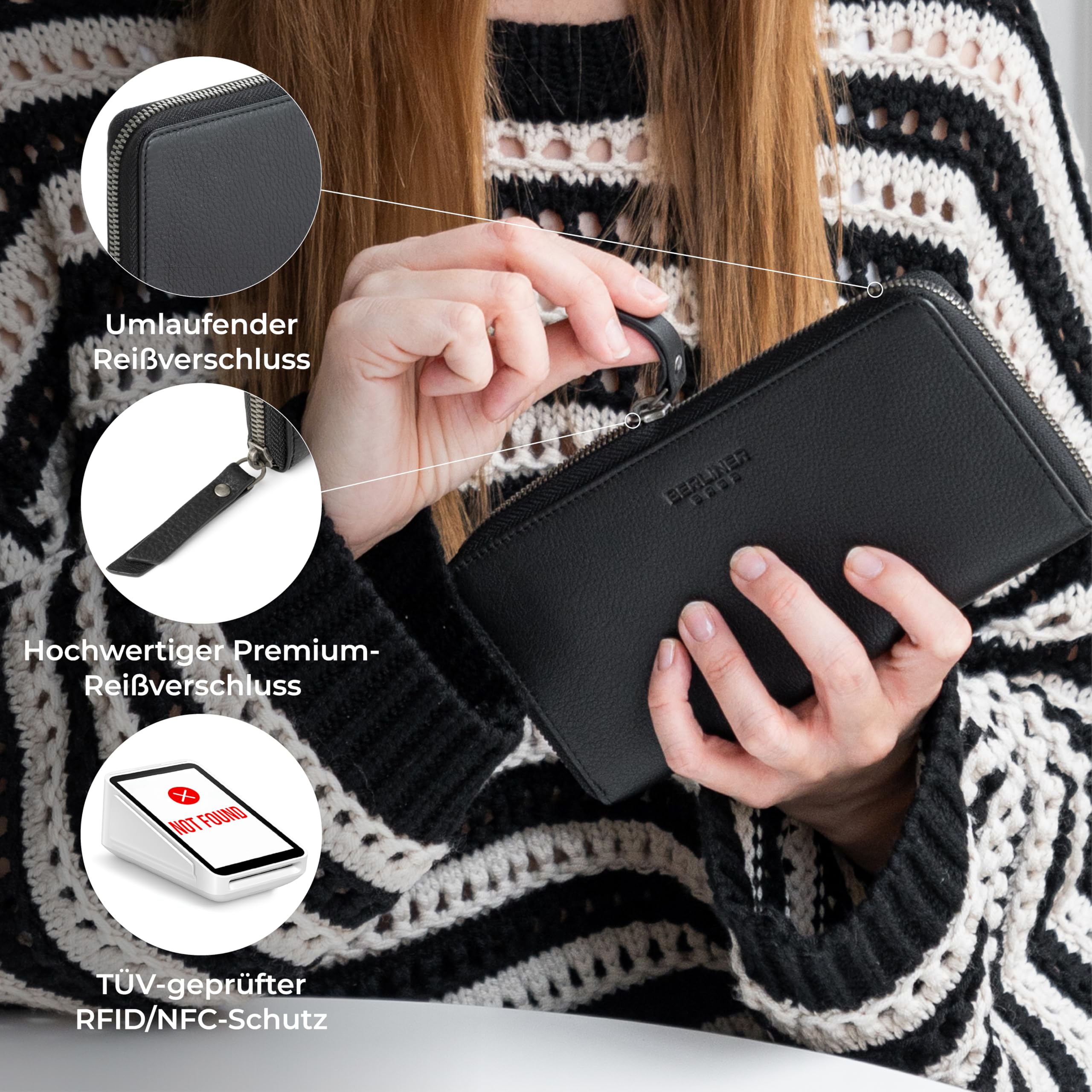 Berliner Bags Premium Geldbörse Margo, Große Portemonnaie aus Leder, Geldbeutel TÜV-geprüftem RFID-Schutz, inkl. Geschenk-Box, für Damen - Schwarz
