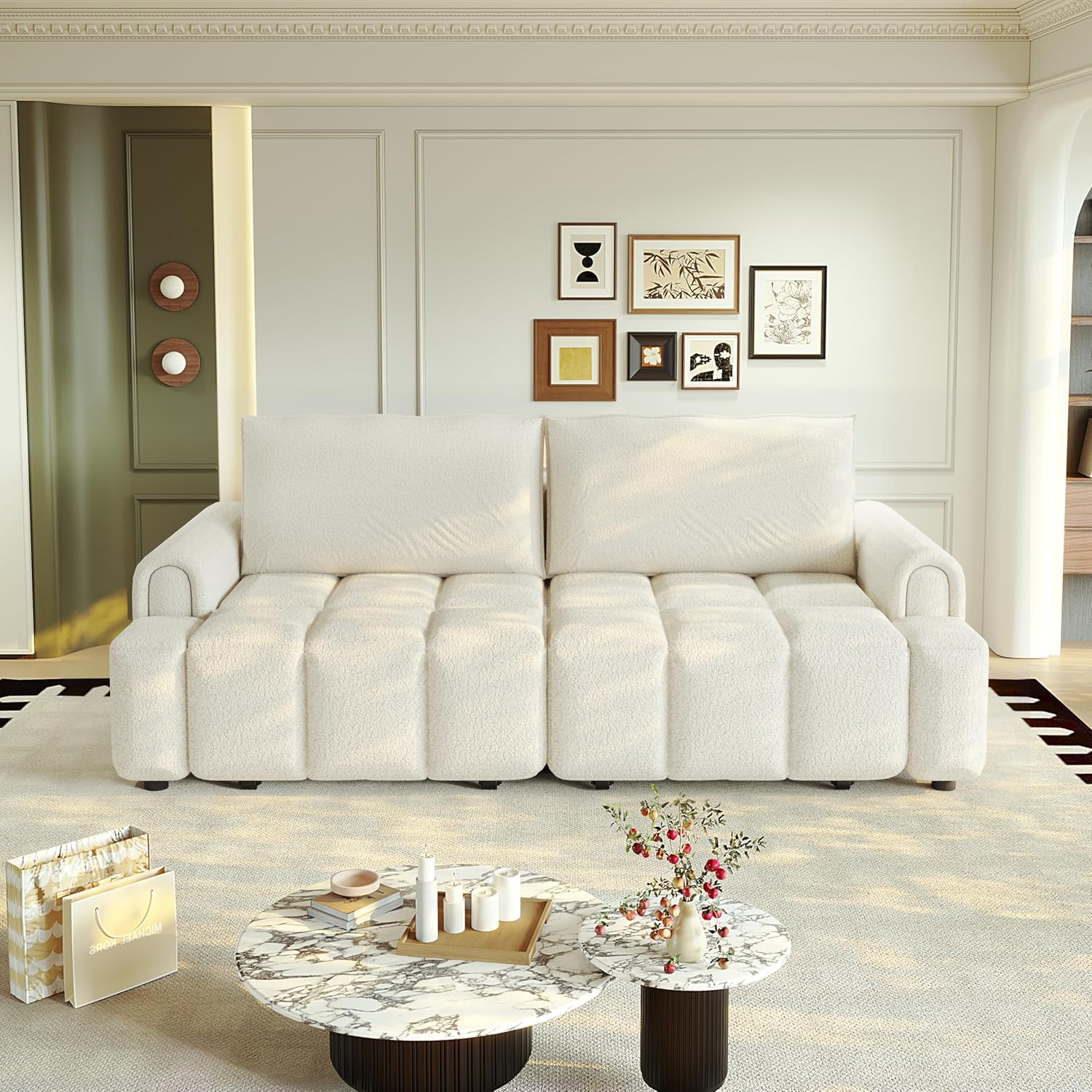 KEIKI 90.2" 4-Seater Modern Convertible Sofa Bed – Teddy Fabric Couch with Storage Seats, King Size 3-in-1 Sleeper Sofa for Living Room, Recliner Couch, Comfortable Sofa Bed for Families & Guests