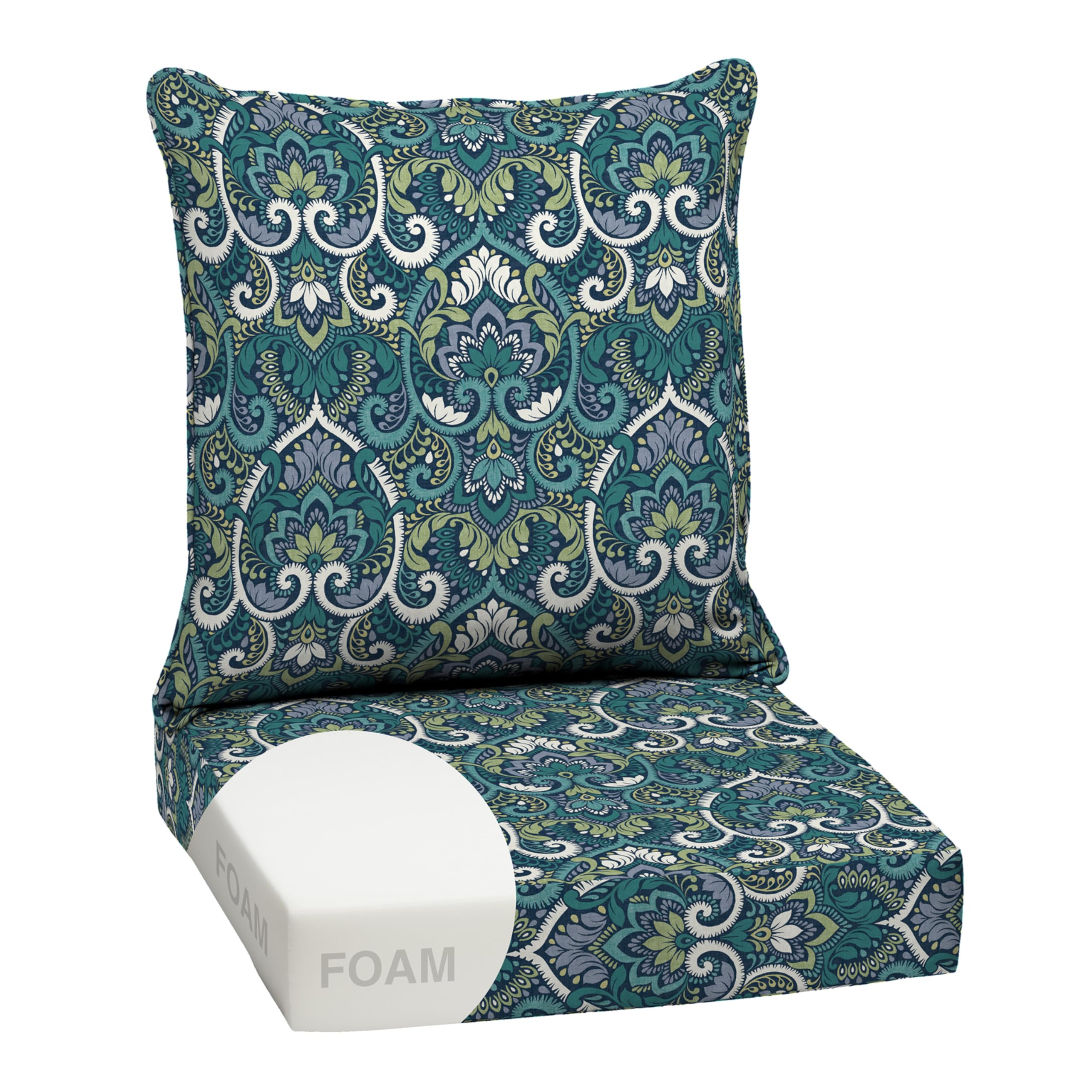 Arden Outdoor Foam Deep Seat Cushion Set, 24 in x 24 in, Weather-Proof, Rain-Proof, Fade Resistant Patio Cushion, Bottom and Back Cushion for Chair, Sofa, and Couch Sapphire Aurora Blue Damask — image 1