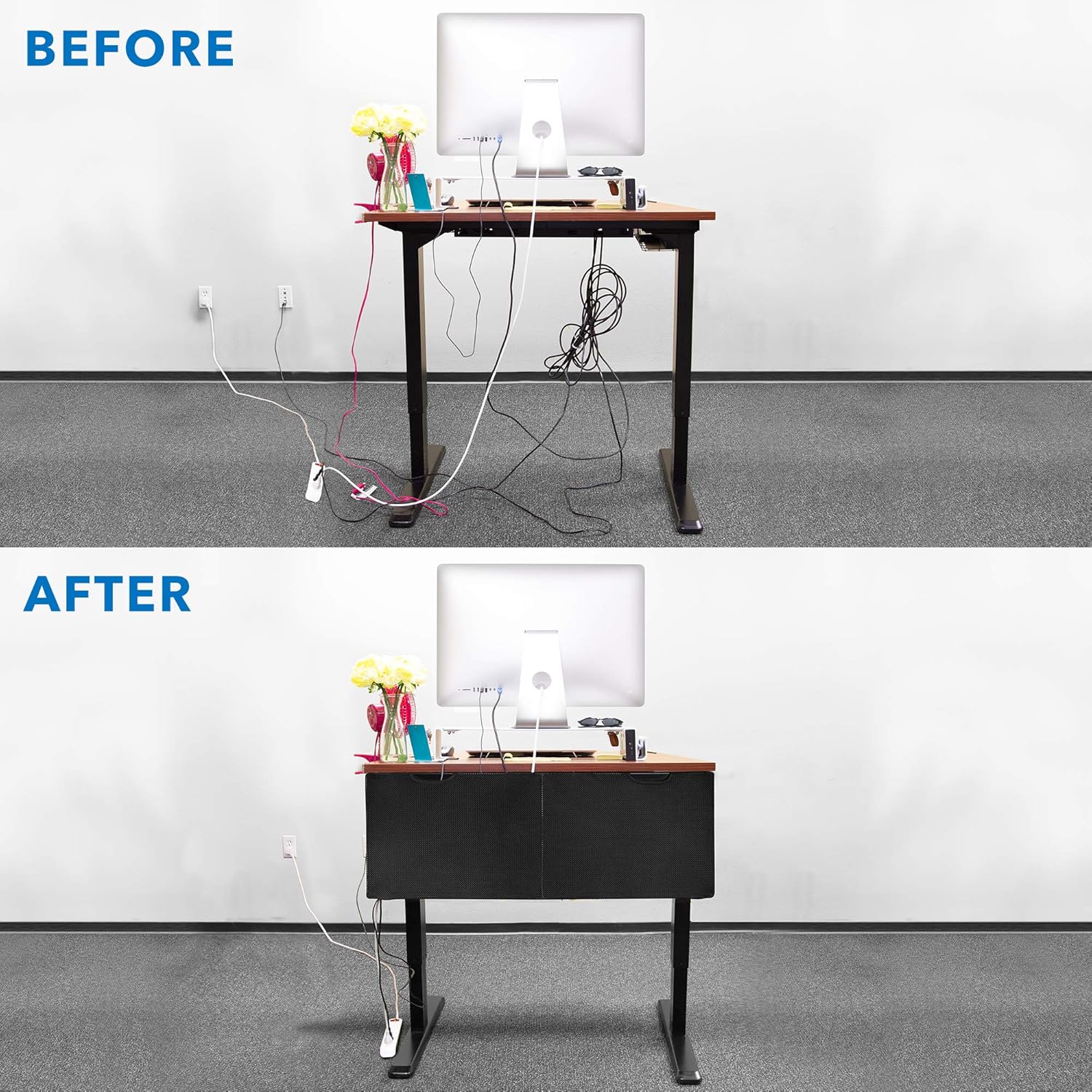 Mount-It! Under Desk Privacy Panel for Sit Stand Workstations [41 Inches Wide], with Cable Management and Organizer Pockets, Modesty Desk Skirt for Home and Office (Black)