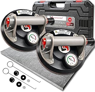 TilerGrip+ - 2 Ventouses Carrelage 200mm avec Manomètre – 320kg Ventouses Professionnelles pour Carreaux, Vitres, Grès Cérame – Forte Aspiration, Valise Incluse