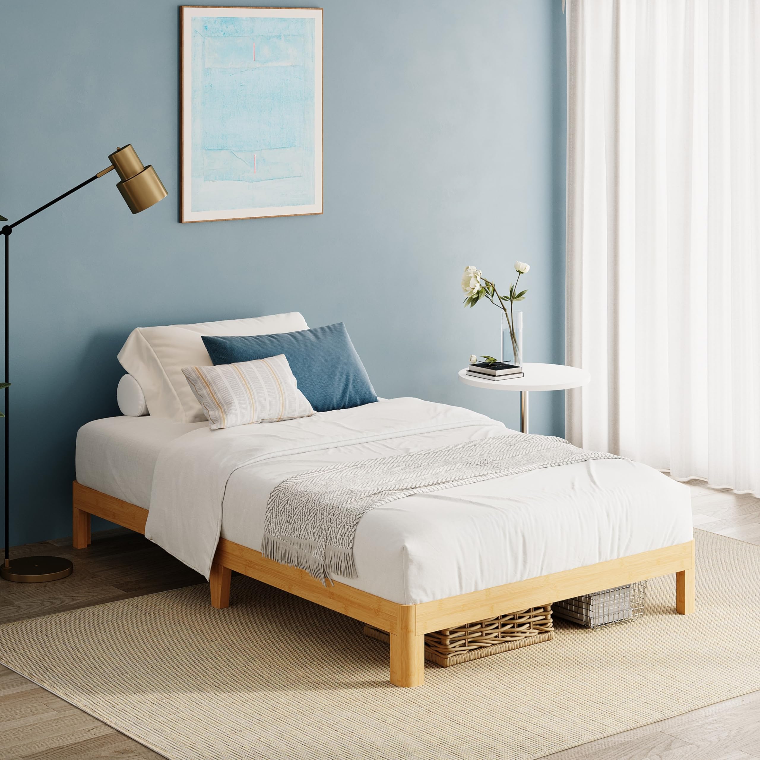 QFtime Bamboo Wood Single Bed Frame, Platform Bed Frame Single with Metal Slats Support, Easy to Install, Noise Free, Sturdy, 25.4 cm High