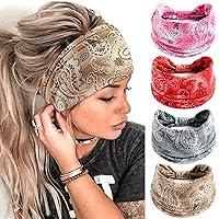 Vista 15 de FULZTEY Diademas Boho para mujer, diademas elásticas vintage con estampado de tela, banda de pelo anudada ancha, bandas de pelo suaves de algodón