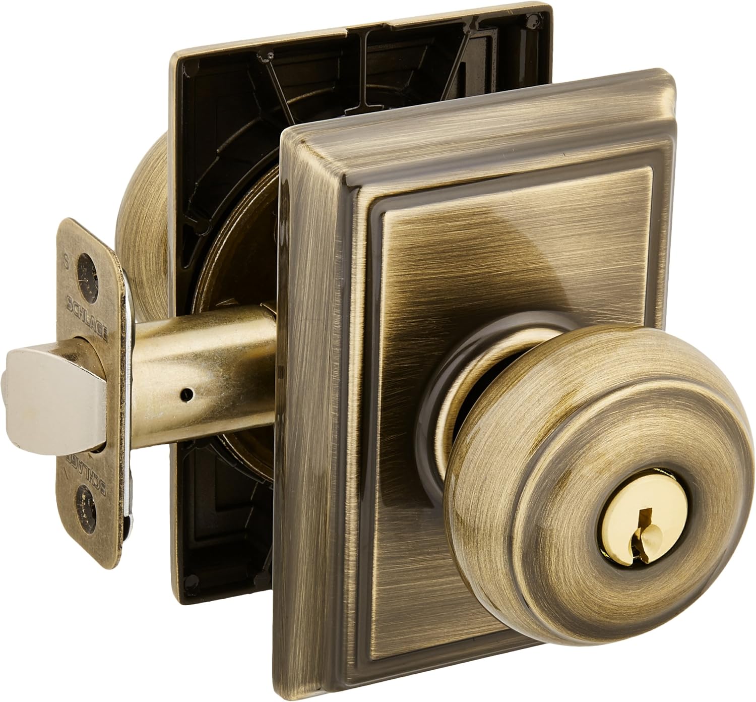 Schlage Lock Company F51AGEO609ADD Antique Brass Georgian Keyed Entry F51A Panic Proof Door Knob with Addison Rosette
