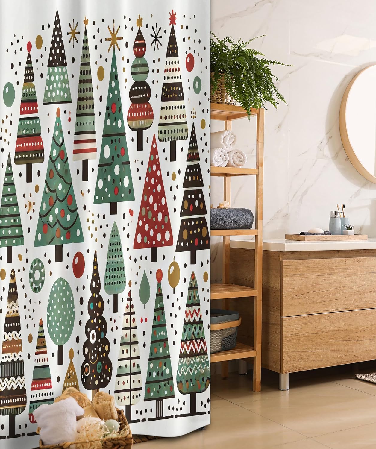 Ambesonne Christmas Stall Shower Curtain, Simple Starry Woodland Pine Trees Pattern with Dots and Triangles, Fabric Bathroom Decor Set with Hooks, 36" W x 72" L, Jade Green White Paprika