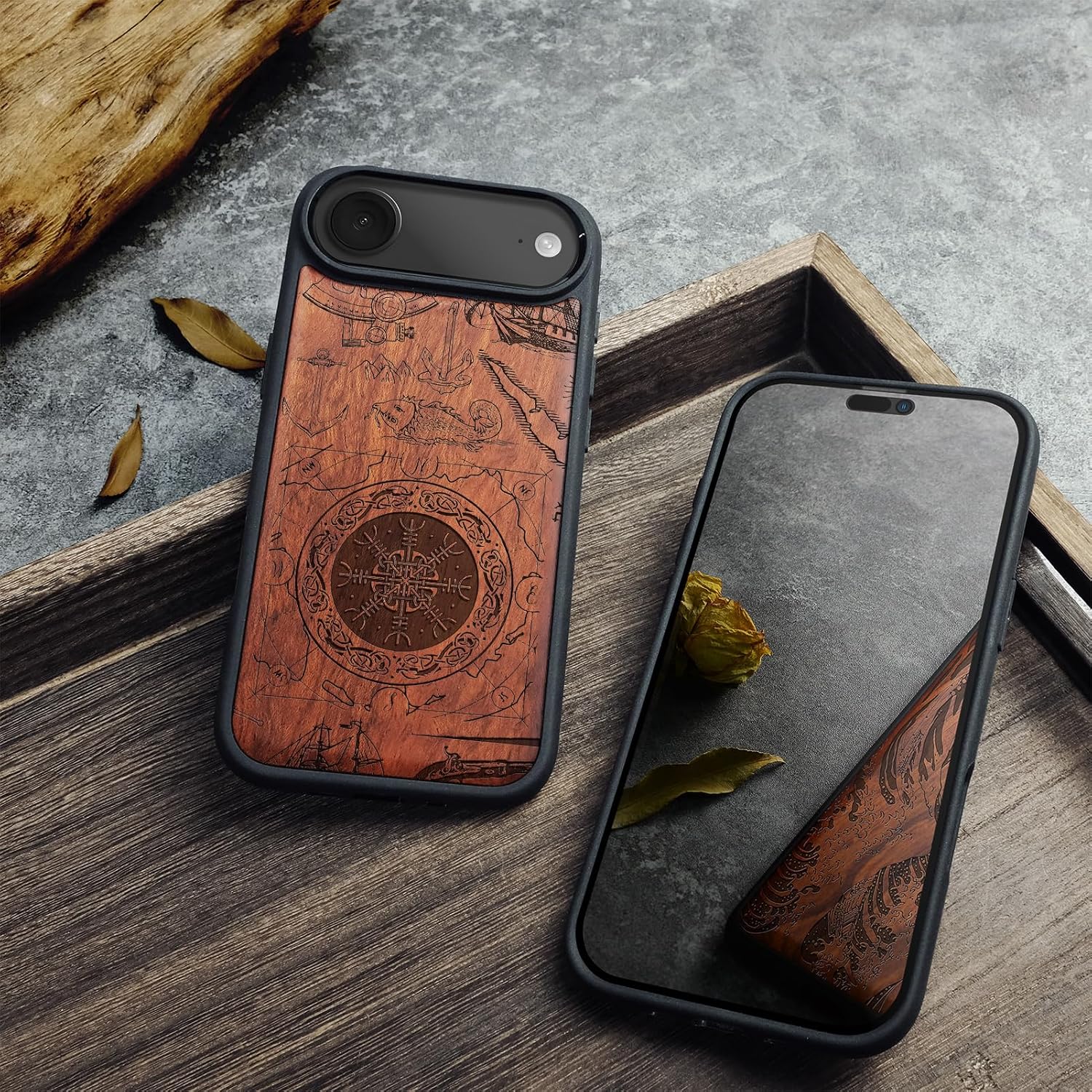 Carveit Magnetic Wooden Case for iPhone Air Case, Wood Artisan Engraved & Soft TPU Shockproof Cover, Compatible with MagSafe 17 Air Wireless Chargers (Viking Shield) Rosy