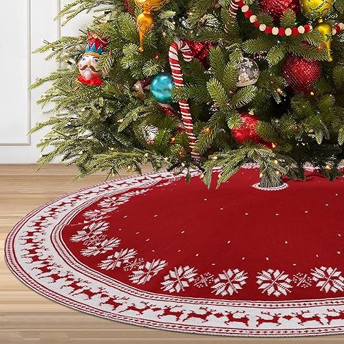 Miniatura 2 de Dremisland Falda de árbol de Navidad, alfombra rústica para árbol de Navidad con copo de nieve, renos de punto rojo, faldas de árbol de Navidad,