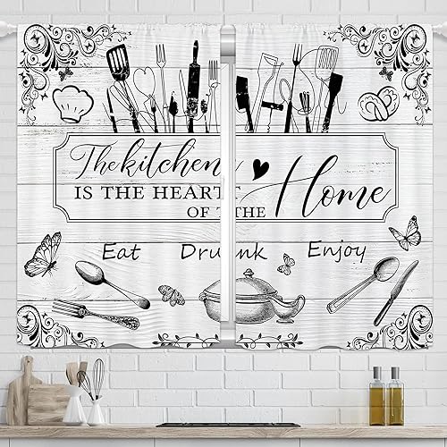 Miniatura 1 de Yorida Cortinas de cocina rústicas para cocina, cortinas cortas rústicas para ventana pequeña, tenedor y cuchara, tablero de madera, granero, retro,