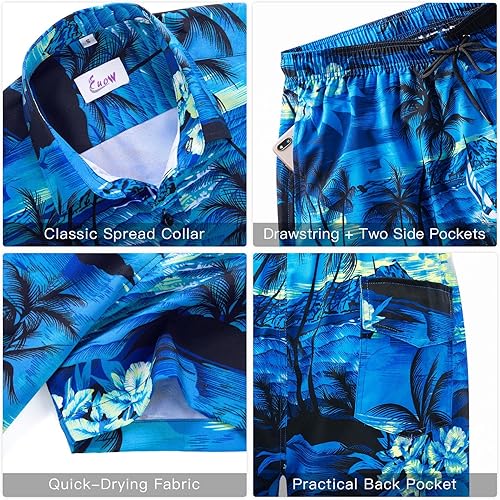 Vista 5 de EUOW Conjunto de camisas y pantalones cortos hawaianos para hombre, 2 piezas, con botones, manga corta, para vacaciones en la playa