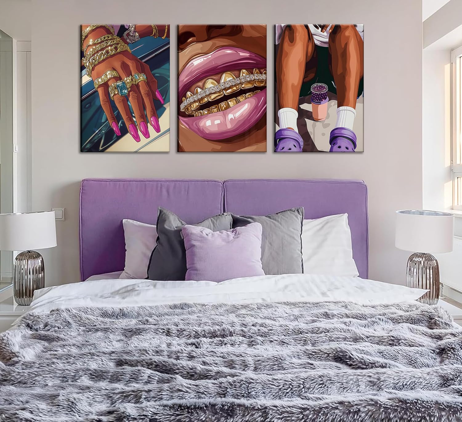 3Pcs African American Black Woman Canvas Wall Art Purple Fashion Black Girl Painting Pictures Wall Decor Poster Print Artwork for Living Room Bedroom Home Decoration