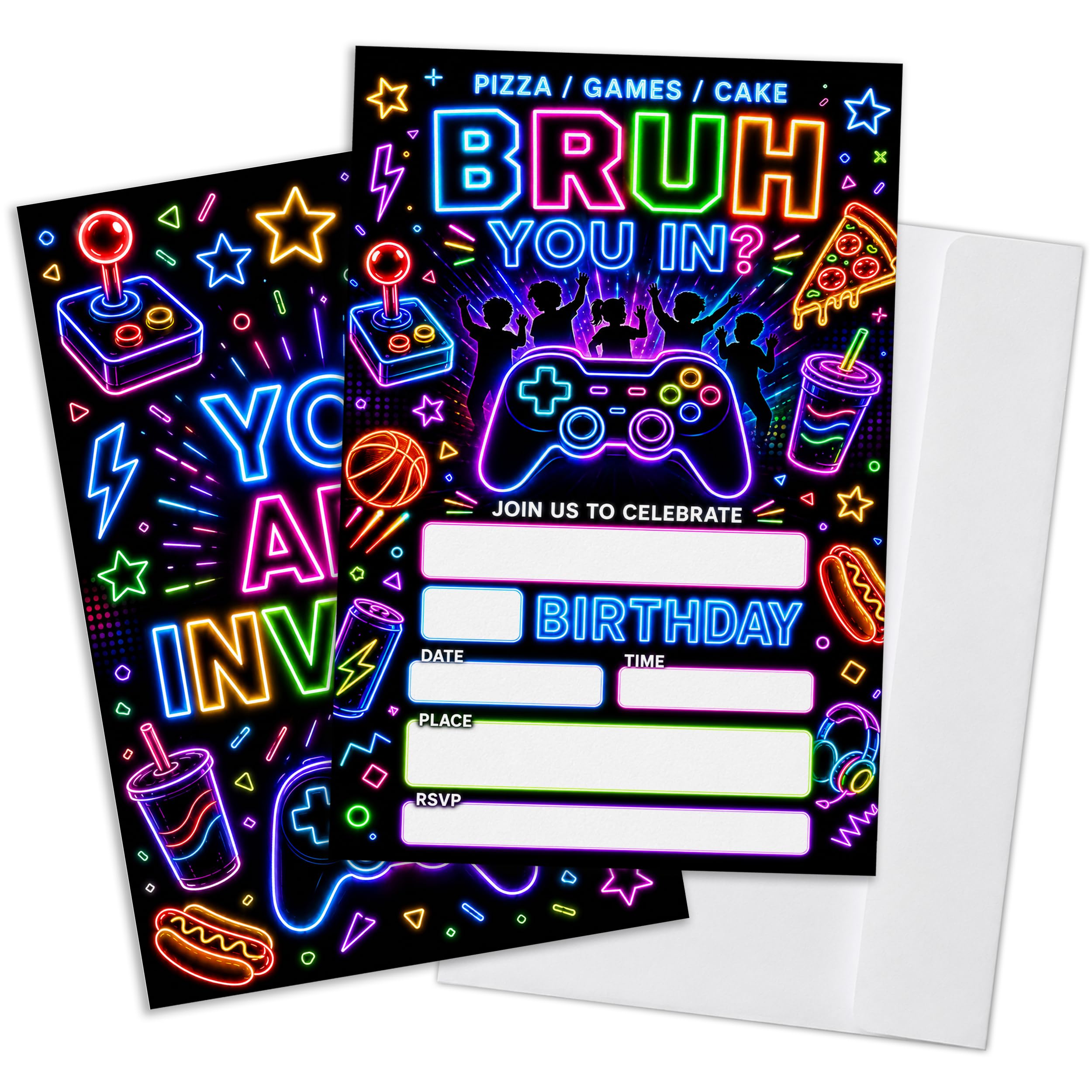 Qoamp Neon Glow Bruh Boys Birthday Invitations, Games Birthday Party Invitations for Boys, Set of 20 Invites Cards Fill in Blank with Envelopes, Double Sided, 4x6 Inches