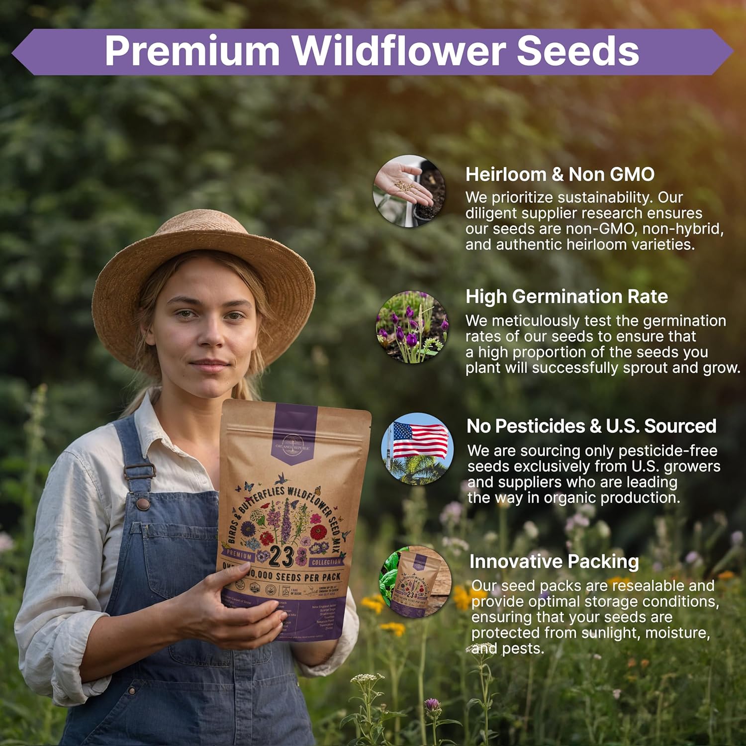 Organo Republic 23 Wildflower Seeds Annual & Perennial Mix for Indoor & Outdoors, Attract Birds & Butterflies 100,000+ Non-GMO, Heirloom Garden Seeds, 4oz Packet for Growing Wild Flowers - Image 6