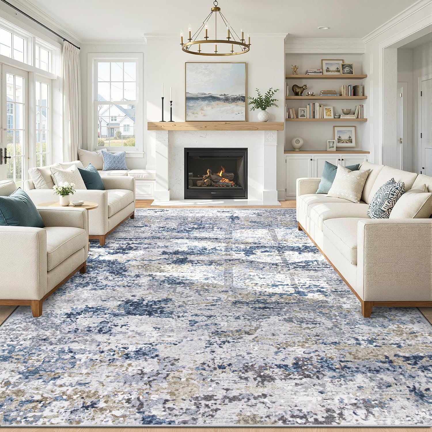 8x10 Area Rugs for Living Room: Washable Abstract Neutral Rug Large Modern Soft Non Slip Low Pile Rugs Floor Indoor Stain Resistant Carpet for Bedroom Dining Room Home Office (Blue, 8'x10')