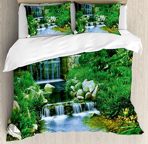 Ambesonne Nature Duvet Cover Set, Waterfall Flowing Down The Rocks