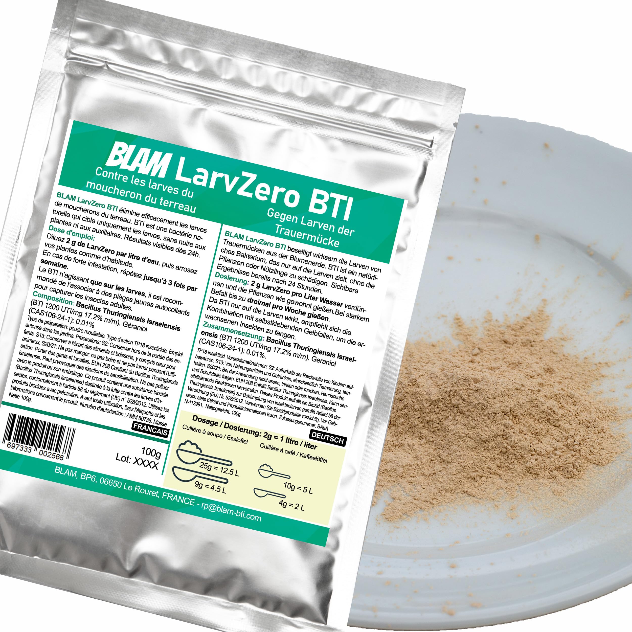 BLAM LarvZero BTI 100g – Larvicide naturel contre les mouches du terreau (Sciaridae) – Bacillus Thuringiensis Israelensis concentré pour 50L de solution