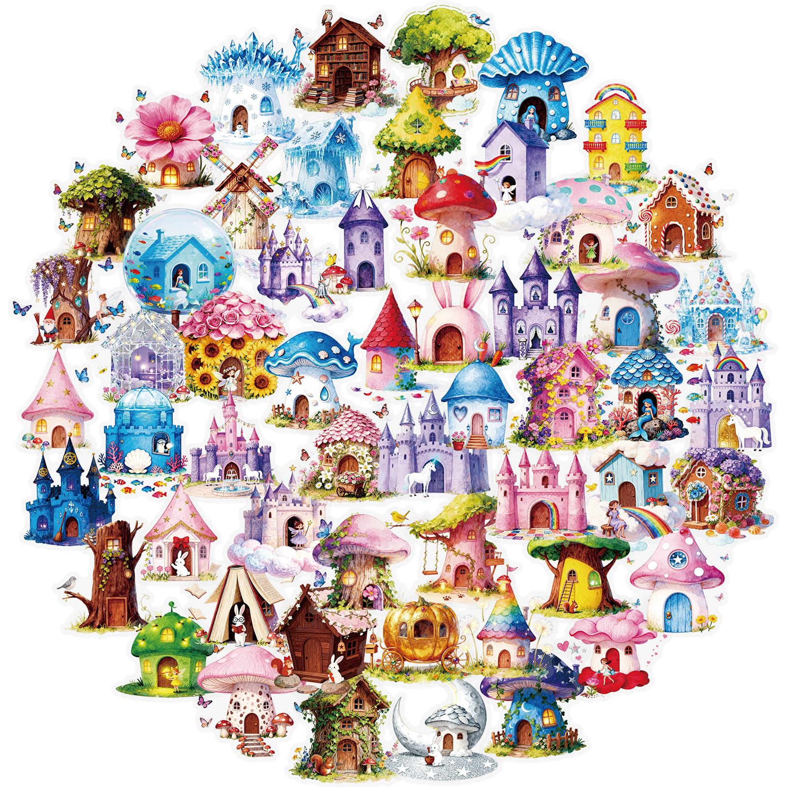 Fantasy House Stickers for Scrapbooking and Journaling, 56 Fairy Tale Mushroom House and Castle Stickers for Teens and Adults, DIY Decoration for Laptops, Notebooks and Smooth Surfaces — image 1