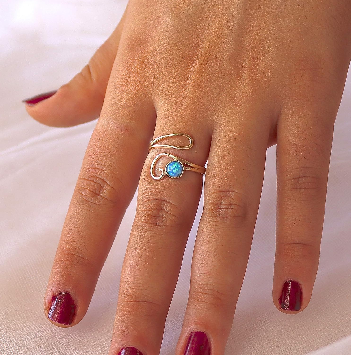 Blue Opal Open and Adjustable gold plating 14k ring, Handmade stone Everyday Birthstone ring - Image 8
