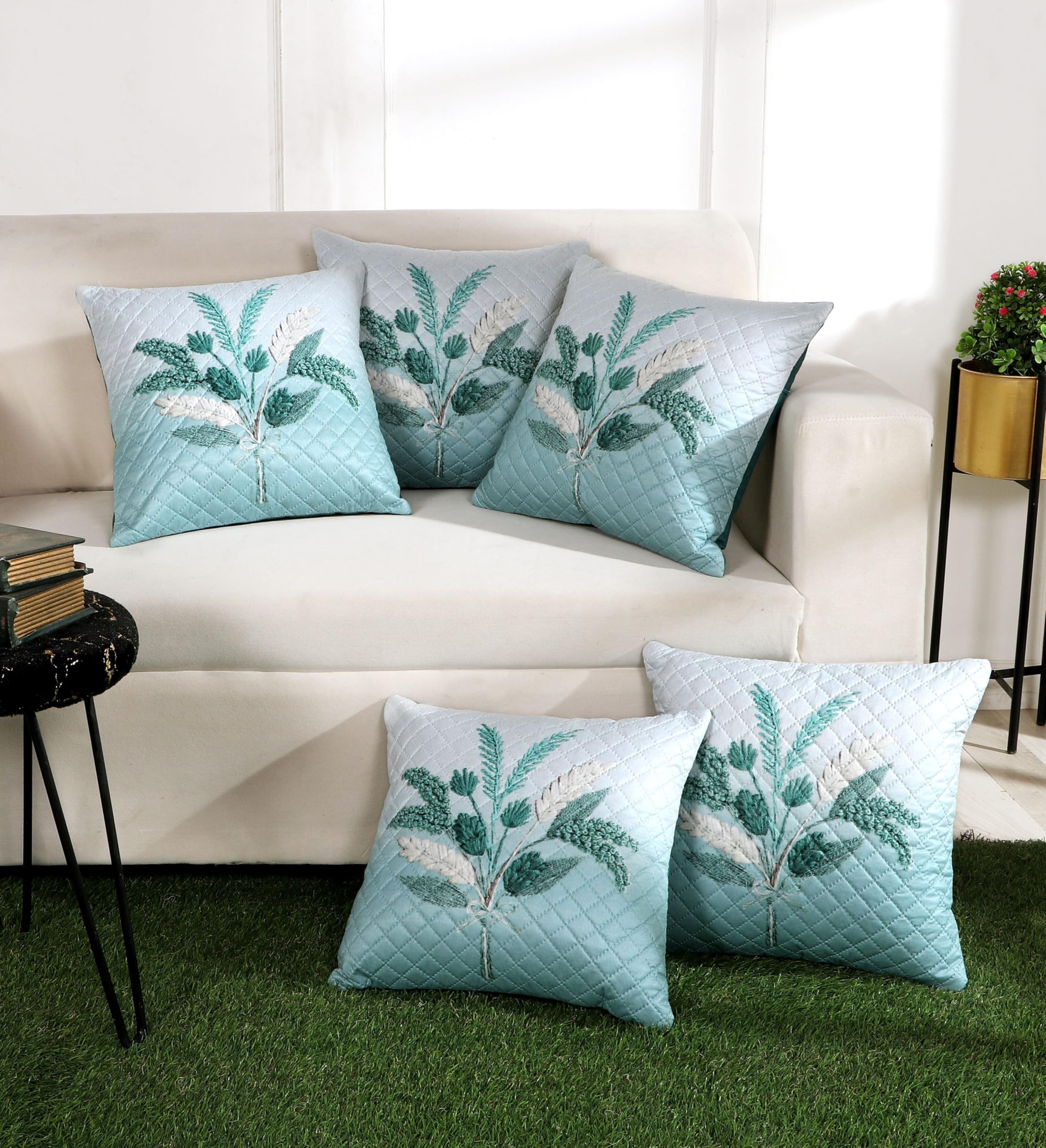 BLUEDOT 16x16 Inches Quilted Cushion Cover Set of 5 | Premium Embroidered Floral Cushions | Decorative Sofa Covers(Blue,White)-image-11