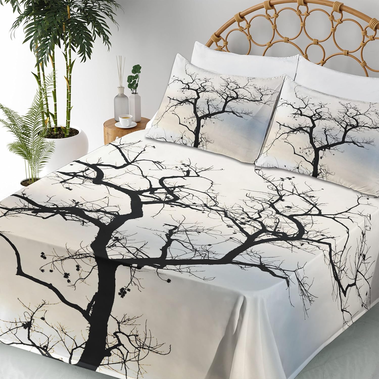 Ambesonne Forest Sheet Set, Fall Tree Black Branches Art Print Black and White Themed Silhouette Illustration, Fitted and Flat Sheet with Pillowcases Bedding Accent 4 Piece Set, Queen, Charcoal White