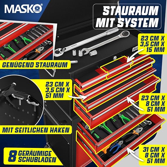 masko ® workshop trolley incl. suitcase – 9 compartments lockable solid metal ¨ mobile tool trolley without tools ¦ professional workshop trolley for tool storage with lock red